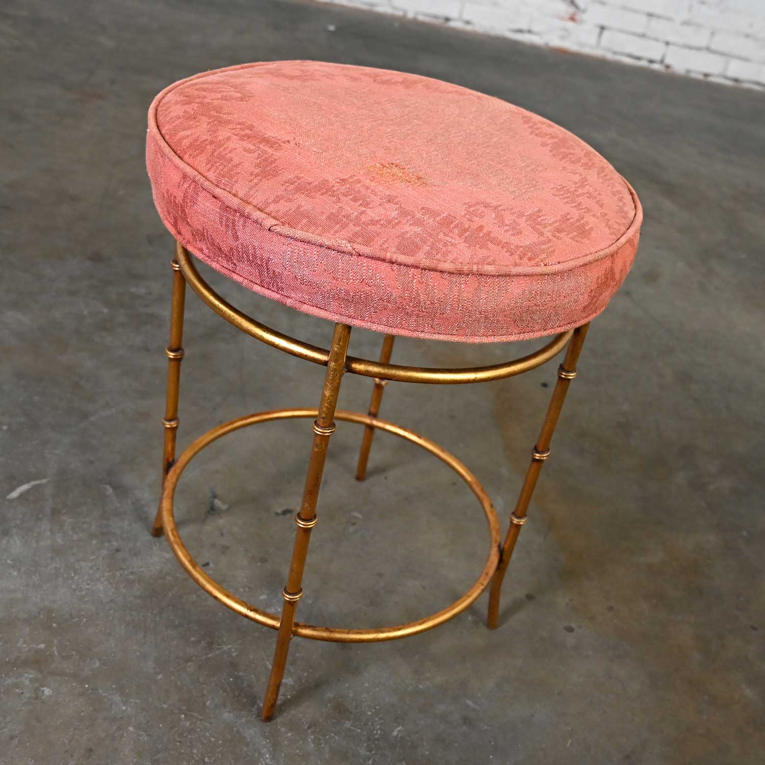 Mid-20th Century Italian Style Round Stool with Rose Damask Seat & Gilt Metal Faux Bamboo Legs