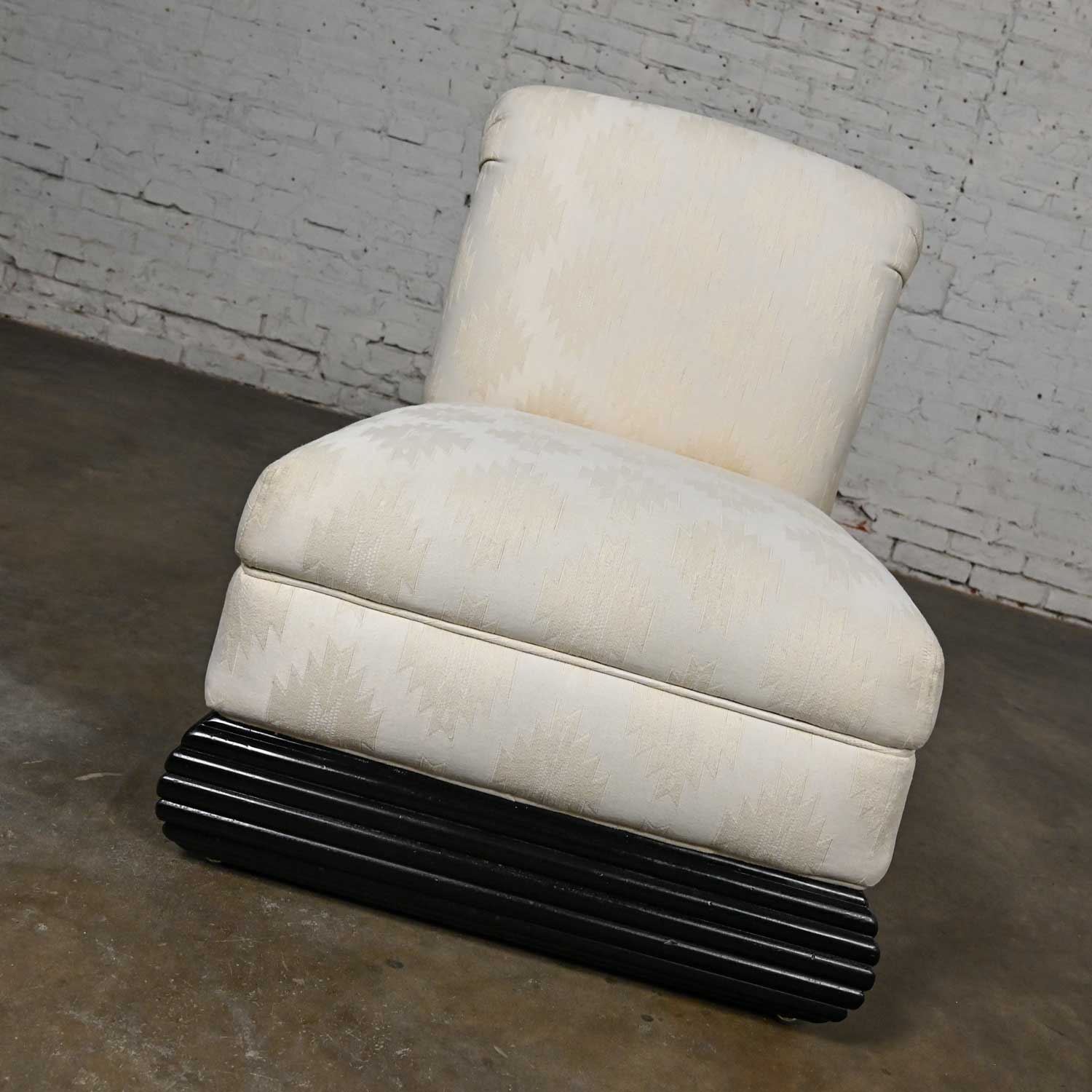 Late 20th Century Art Deco Revival White Slipper Chair Rolled Back & Black Wood Base
