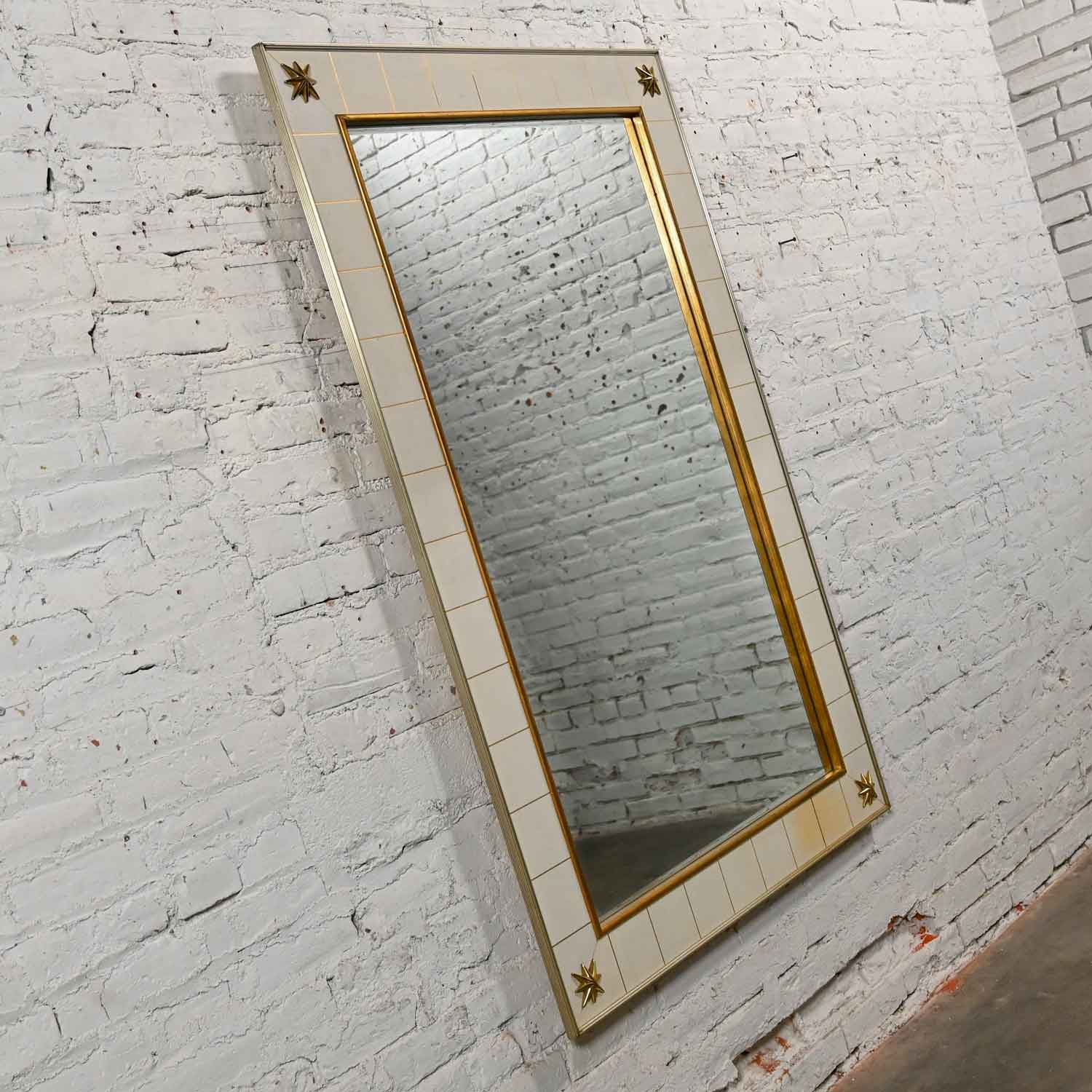 Mid-20th Century Hollywood Regency Art Deco Large Scale White Leather Mirror by Renzo Rutili for Johnson Furniture