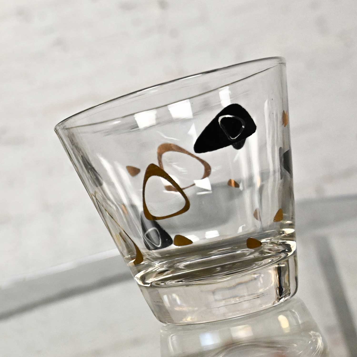 1950’s MCM Federal Glass Fantasy Black & 22 Karat Gold Manhattan Glasses Set of 10