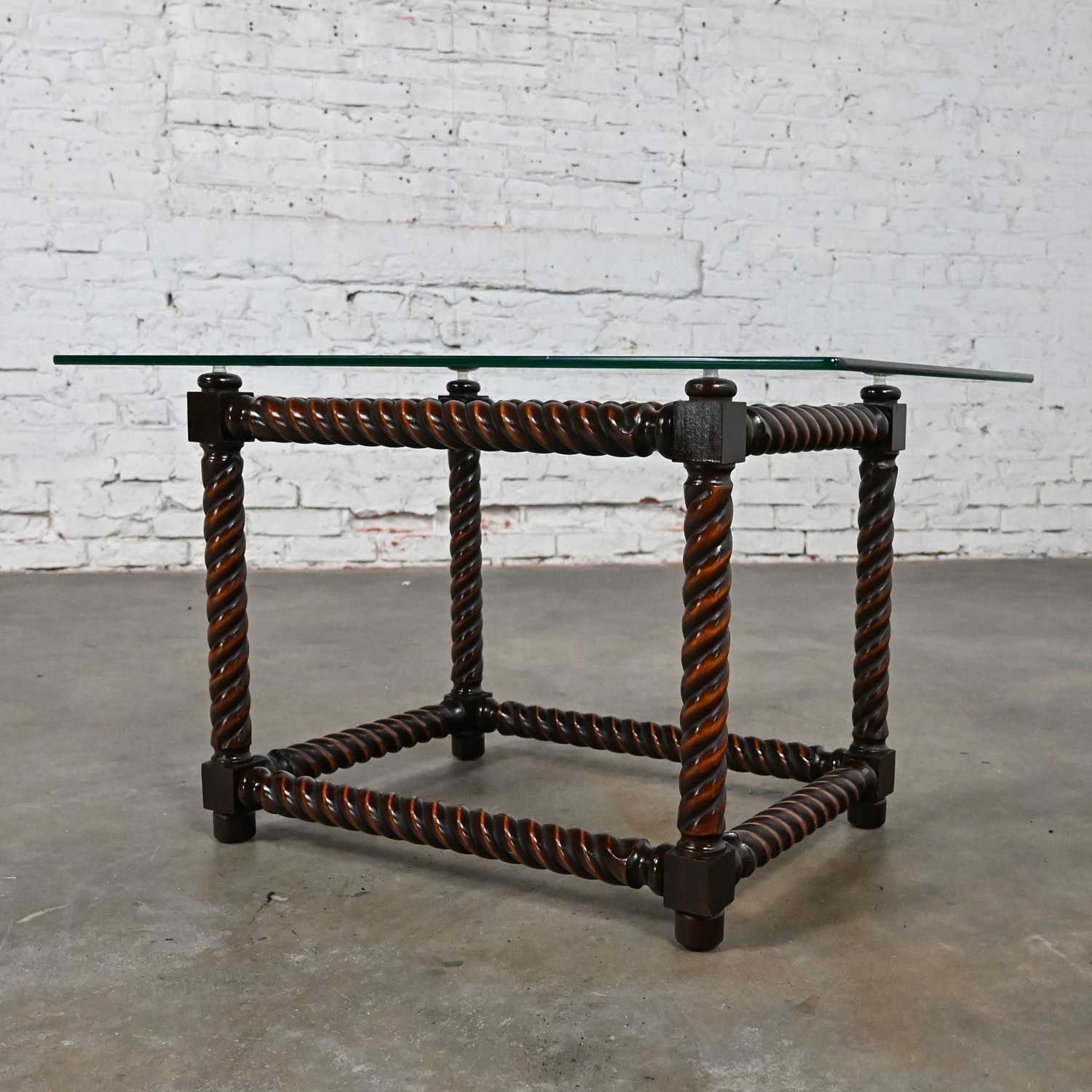 Late 20th Century Rectangular Jacobean Style Barley Twist Base & Glass Top End Table