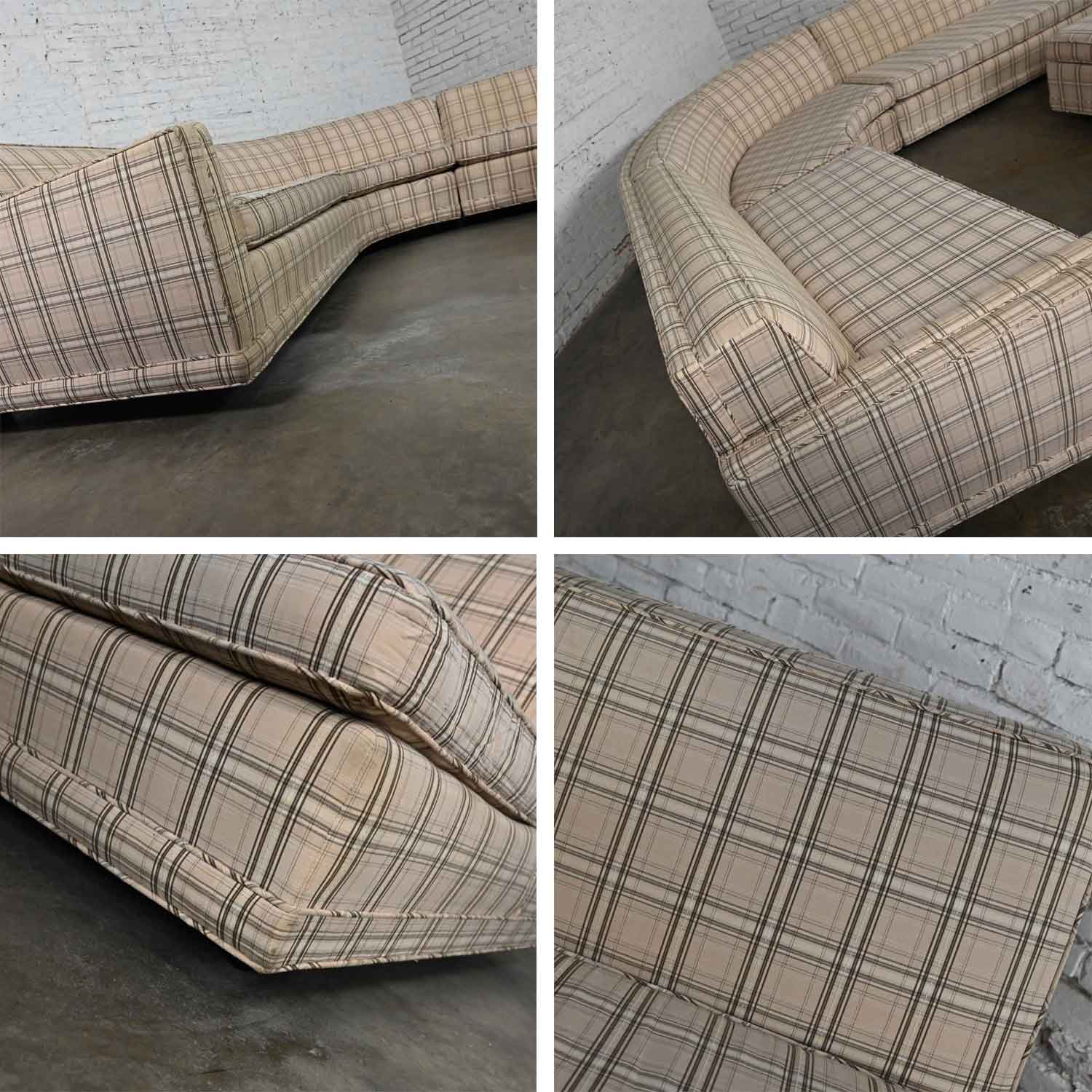 Late 20th Century Mid Century Modern to Modern Plaid Tuxedo Curved Sectional Sofa with Ottoman