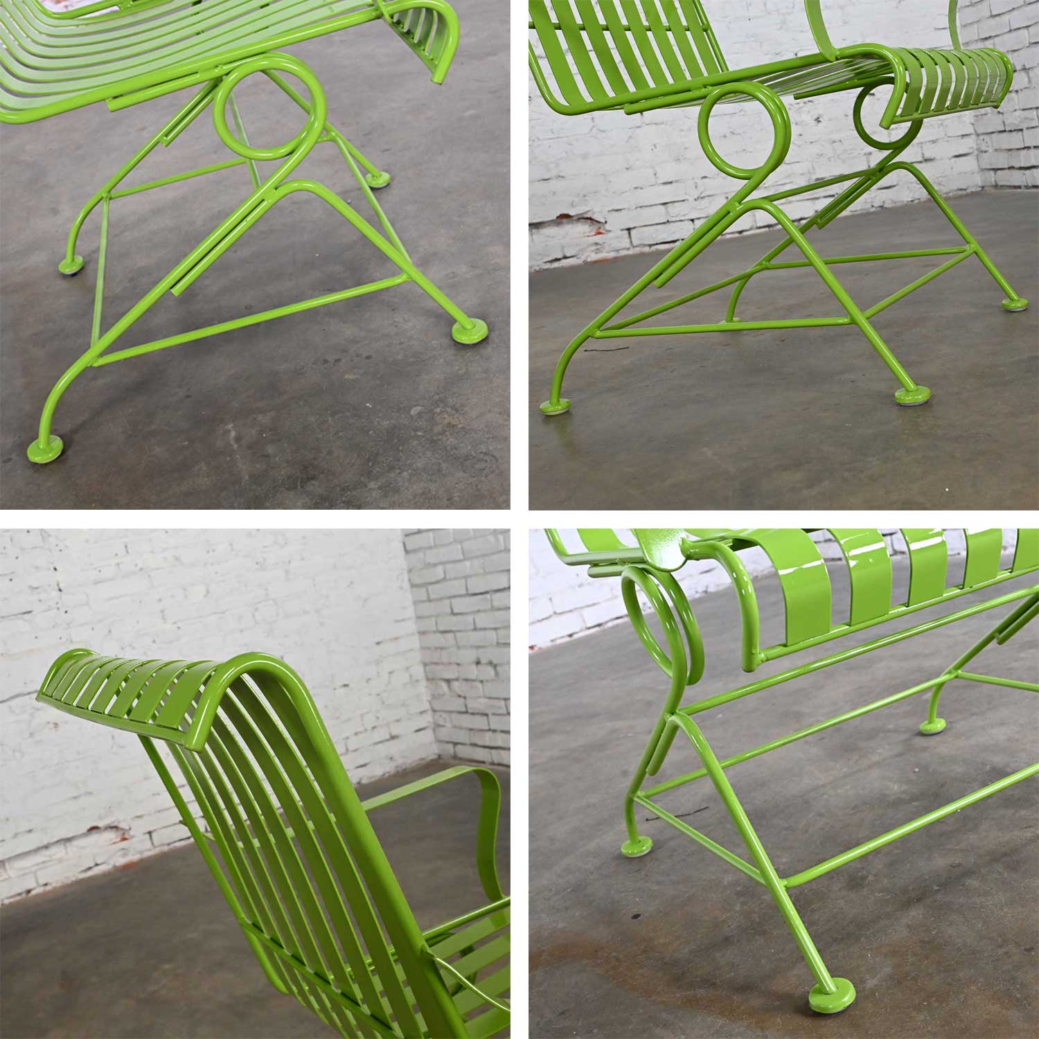Mid-20th Century MCM Tropical Leaf Green Painted Metal Outdoor Slatted Springer Chairs a Pair