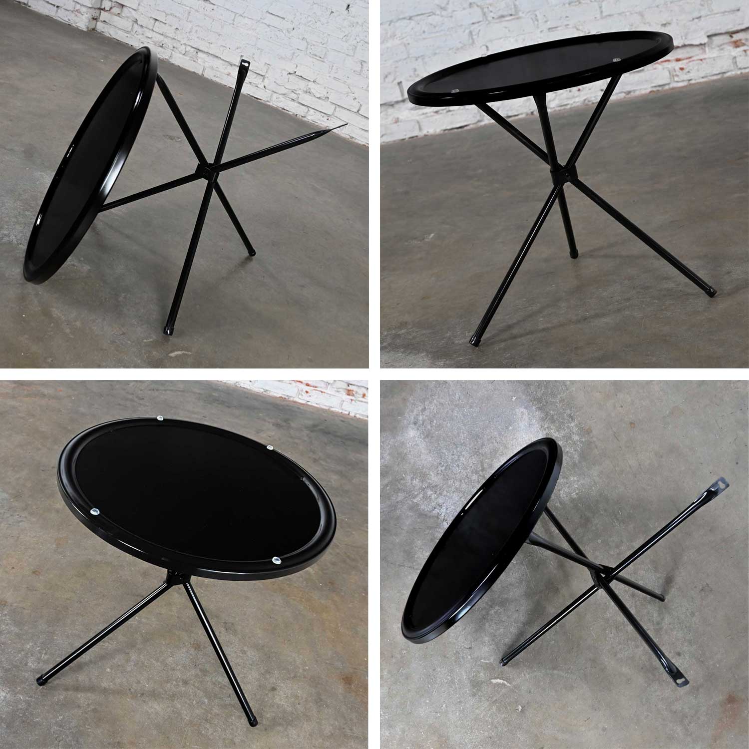 Mid to Late 20th Century MCM Round Metal Outdoor Black Painted Tripod Accent Table with Glass Top
