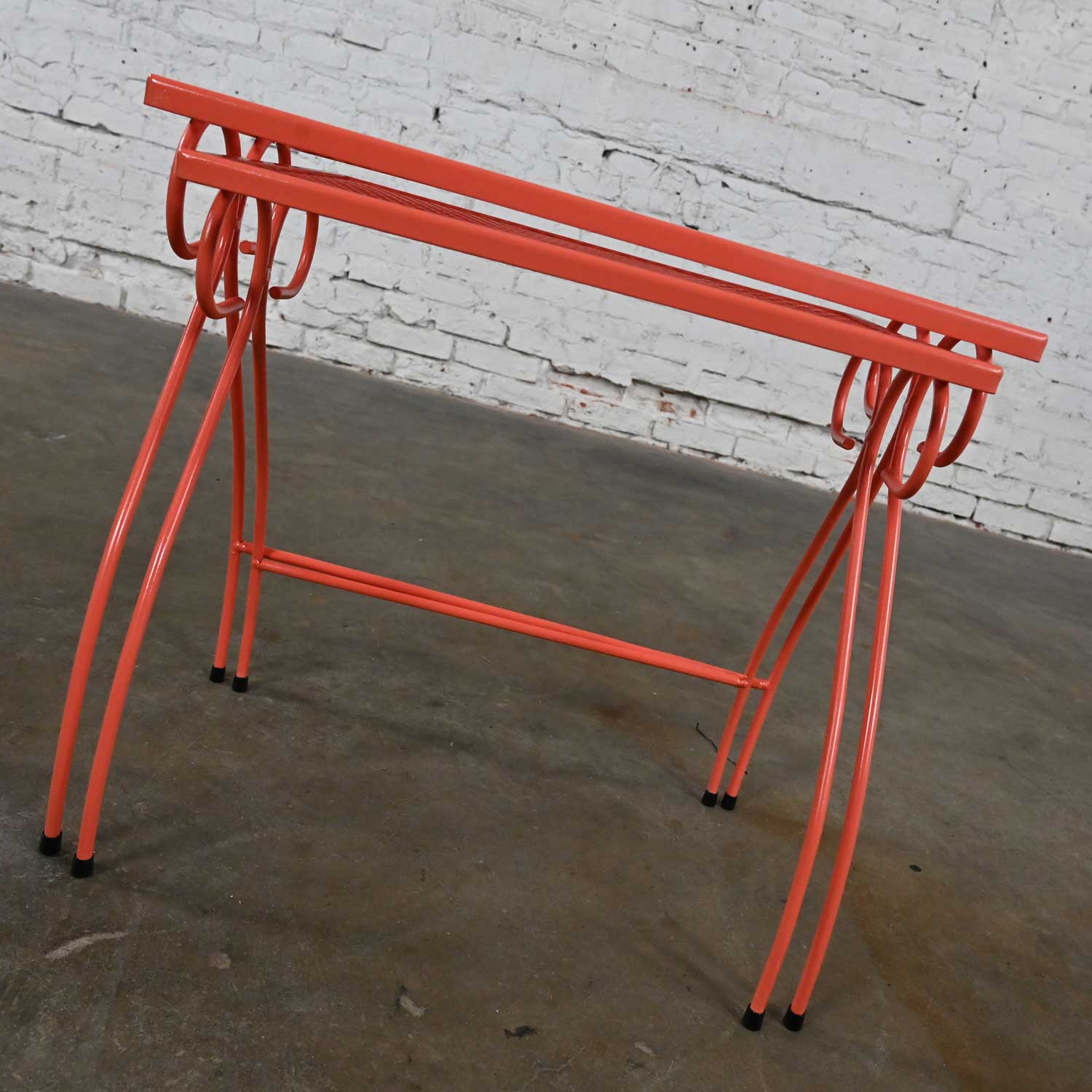 Mid-20th Century MCM Coral Painted Outdoor Nesting Side Tables Metal Wire & Expanded Metal Top a Pair