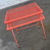 Mid-20th Century MCM Coral Painted Outdoor Nesting Side Tables Metal Wire & Expanded Metal Top a Pair