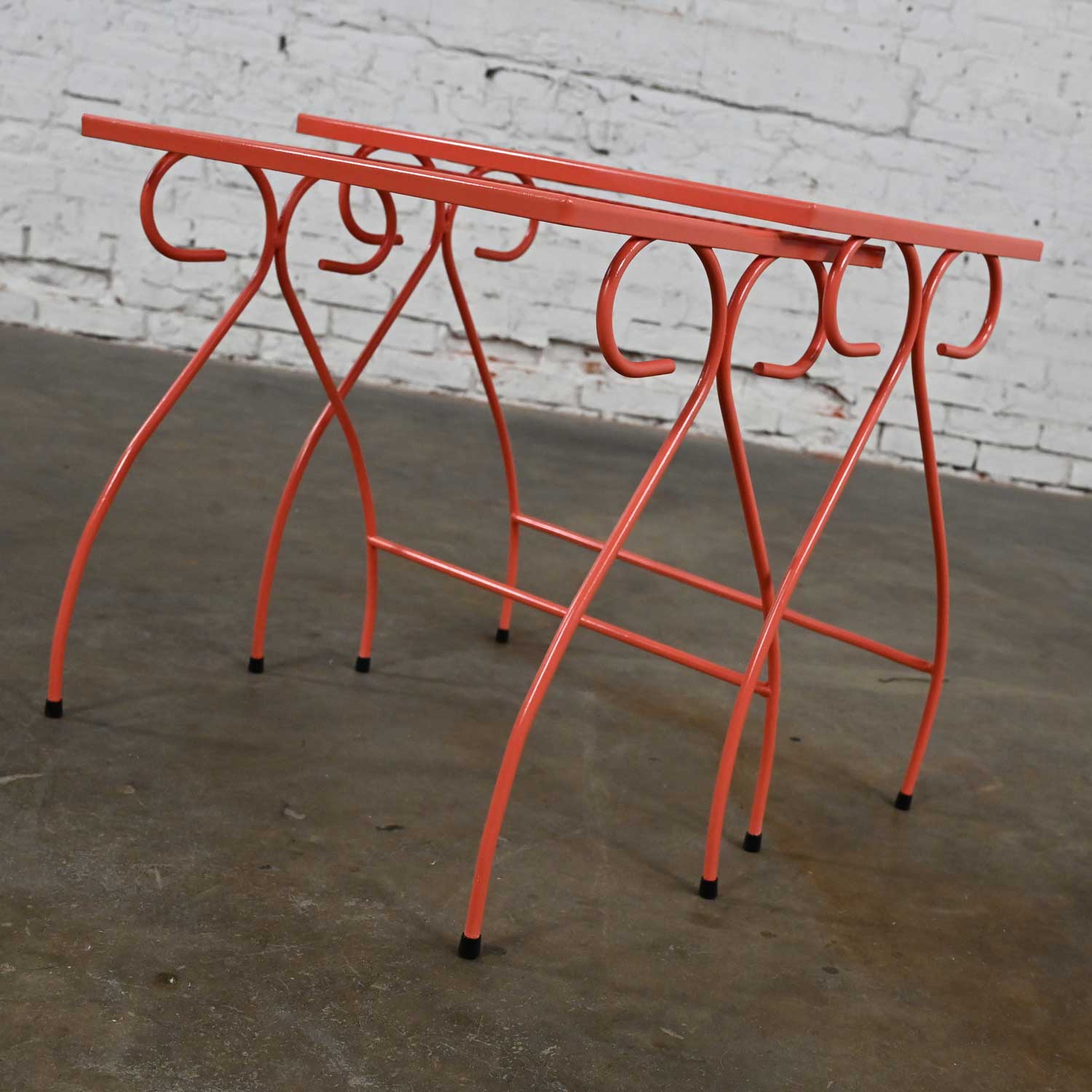 Mid-20th Century MCM Coral Painted Outdoor Nesting Side Tables Metal Wire & Expanded Metal Top a Pair