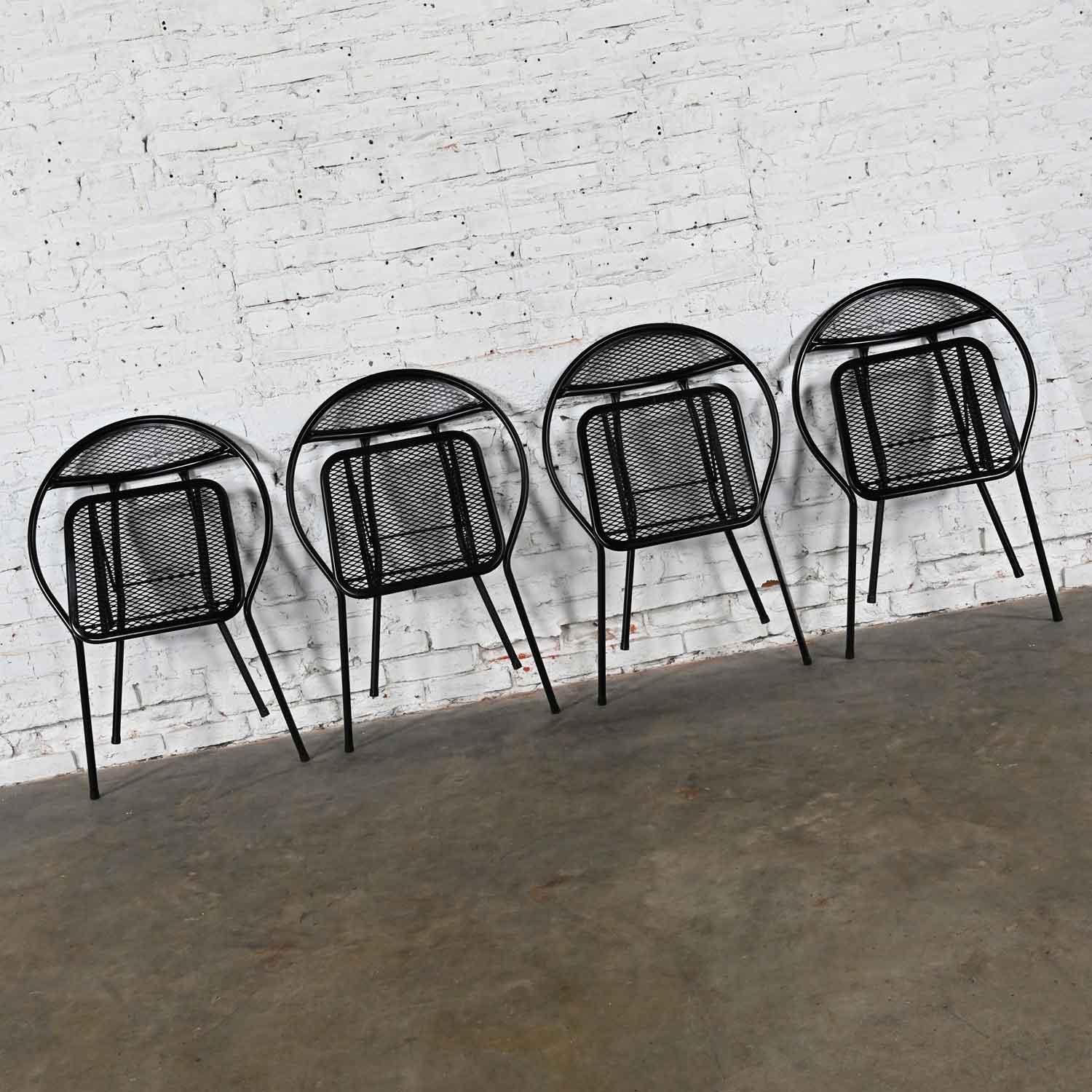 1960’s MCM Black Painted Outdoor Set of 4 Folding Chairs Attr to Salterini Rid-Jid Hoop Chair & Round Dining Table
