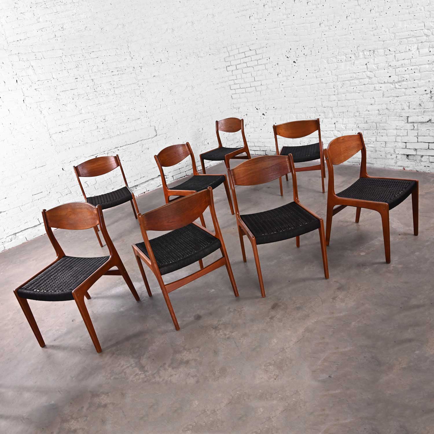 Mid-20th Century Scandinavian Modern Teak Dining Chairs with Black Cord Seats Set of 8