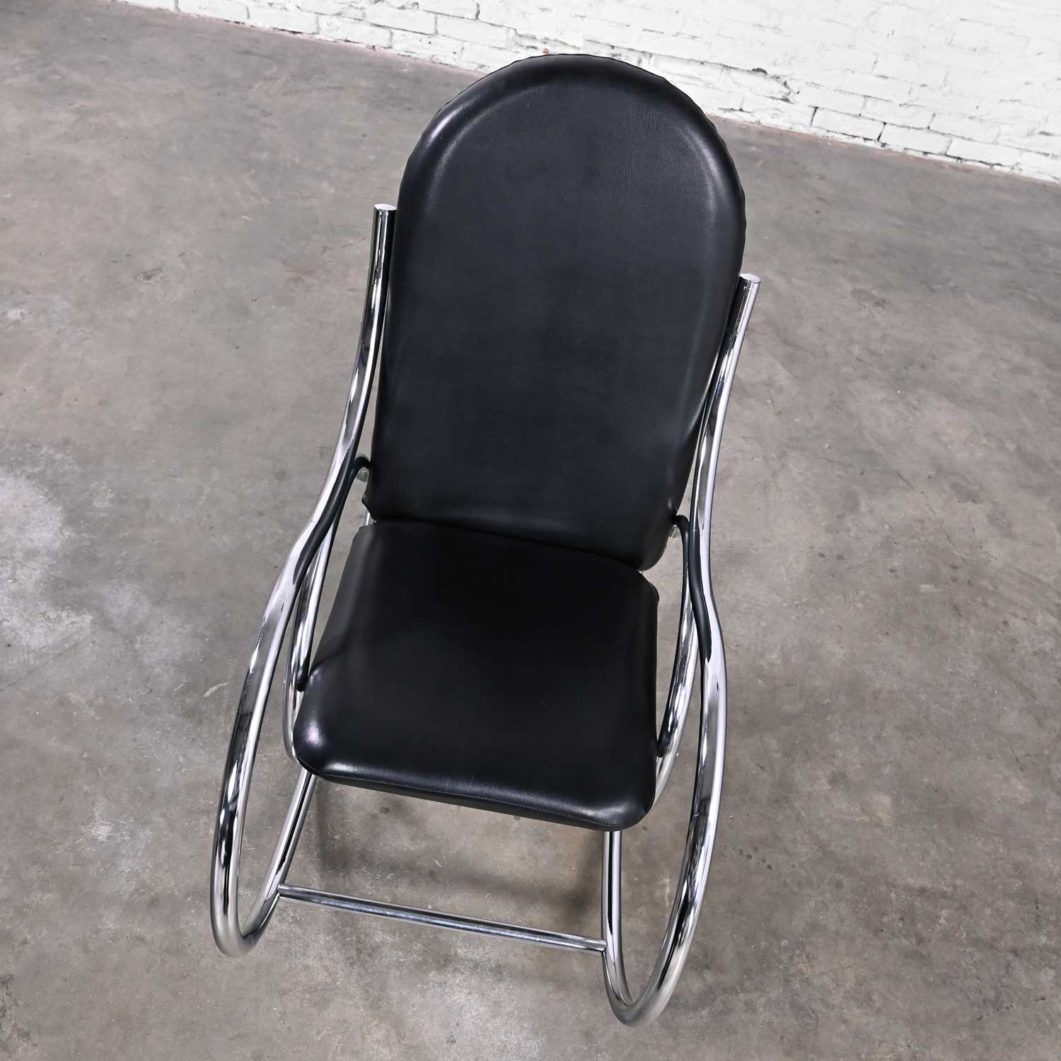 1970’s Bauhaus Style Black Faux Leather & Chrome Bentwood Style Rocking Chair After Thonet