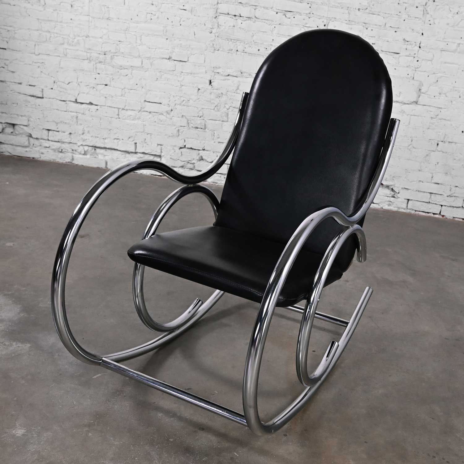 1970’s Bauhaus Style Black Faux Leather & Chrome Bentwood Style Rocking Chair After Thonet