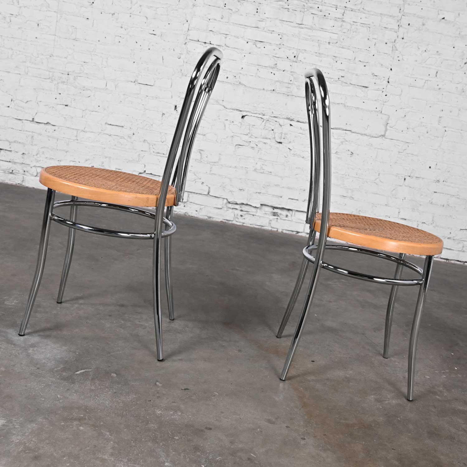 Pair 1970’s Made in Italy Bauhaus Style Bistro Café Chairs Chrome w/ Cane Seat after Thonet