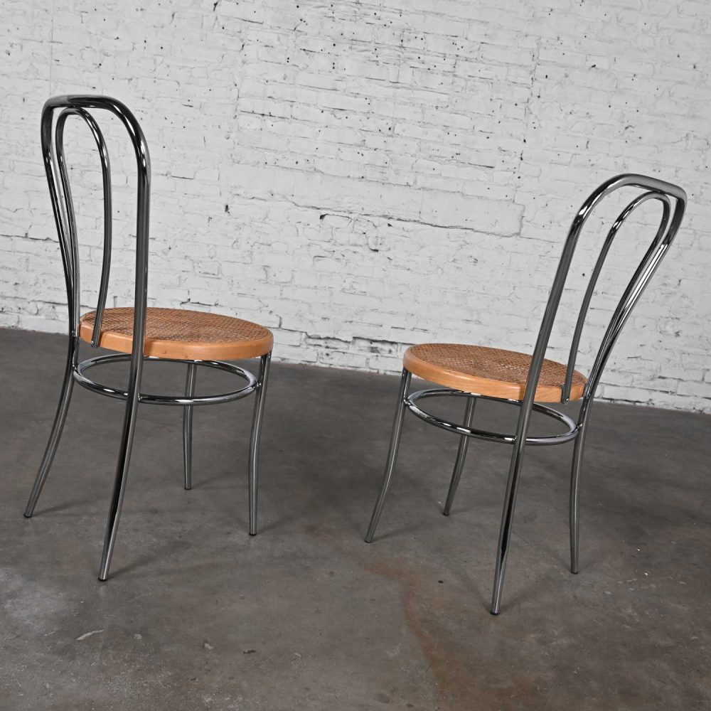 Pair 1970’s Made in Italy Bauhaus Style Bistro Café Chairs Chrome w/ Cane Seat after Thonet
