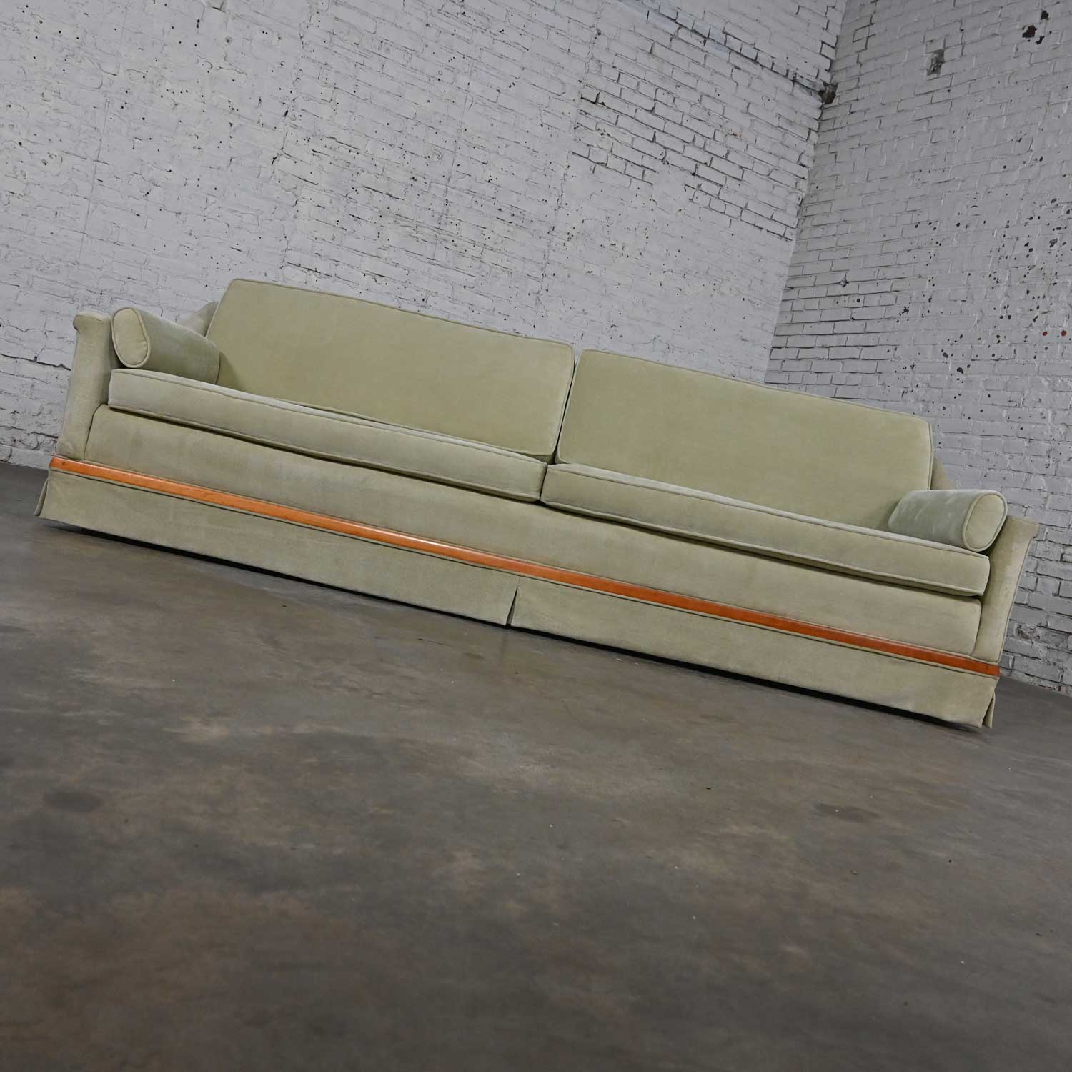 Mid-20th Century MCM Green Velvet Sloped Arm Sofa with Oval Arm Bolster Pillows