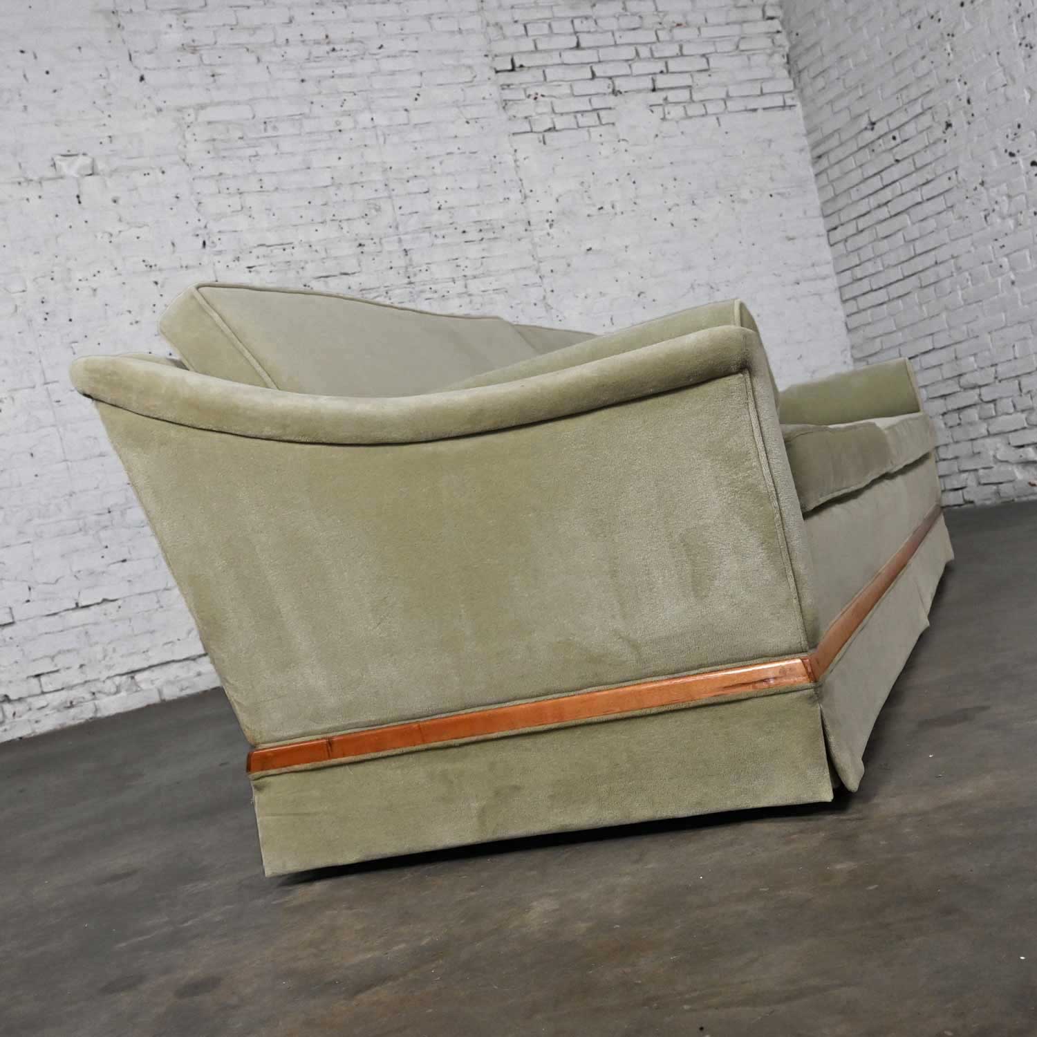 Mid-20th Century MCM Green Velvet Sloped Arm Sofa with Oval Arm Bolster Pillows