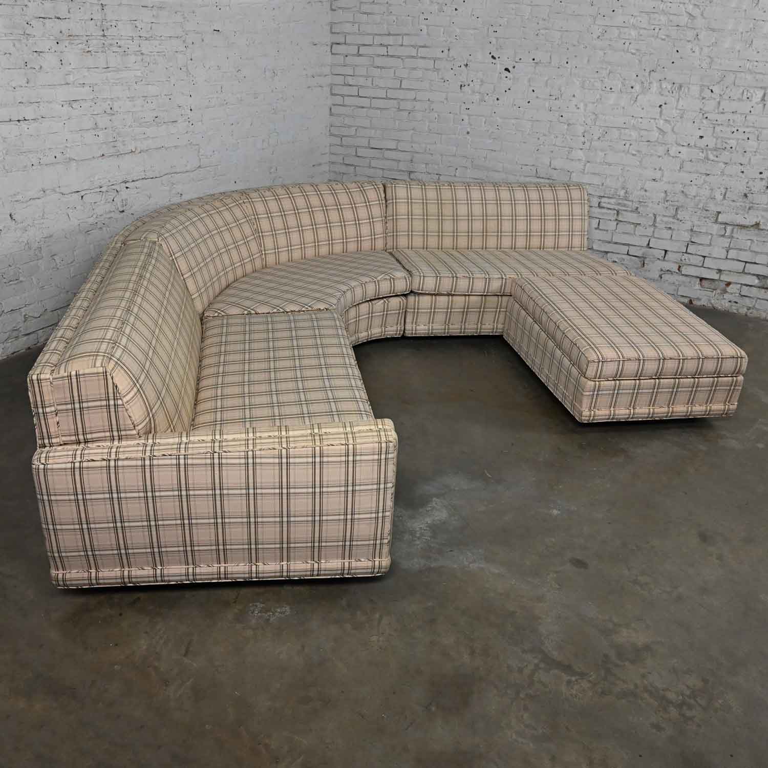 Late 20th Century Mid Century Modern to Modern Plaid Tuxedo Curved Sectional Sofa with Ottoman