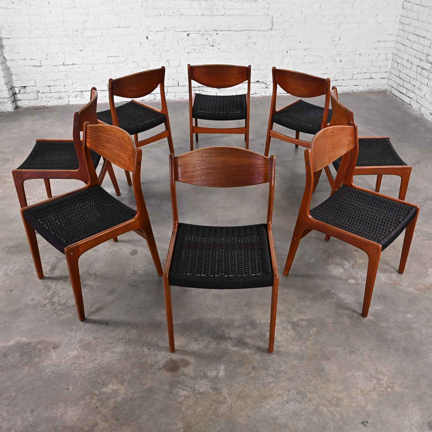 Mid-20th Century Scandinavian Modern Teak Dining Chairs with Black Cord Seats Set of 8