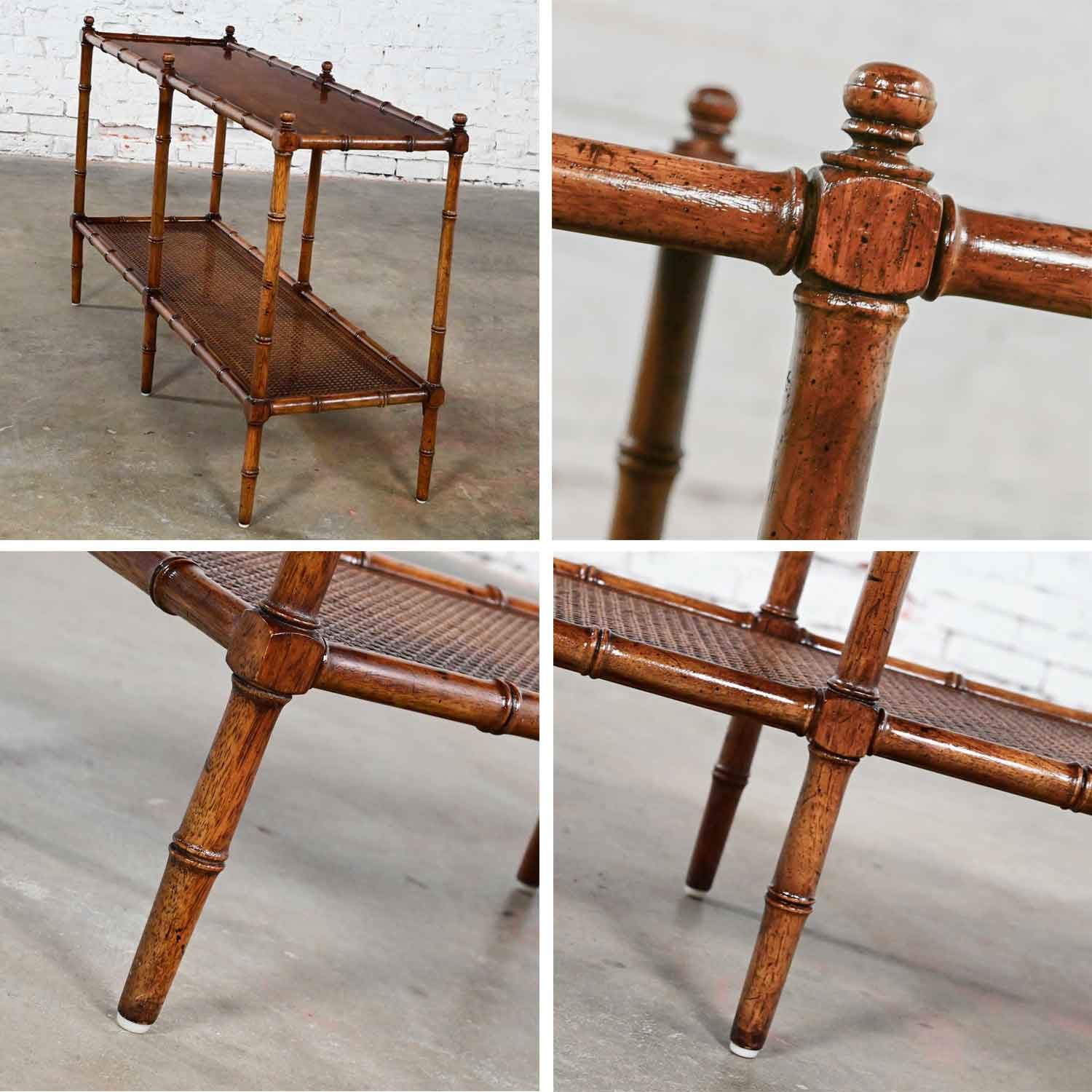 Late 20th Century Henredon Campaign Hollywood Regency Style Faux Bamboo & Cane Sofa Table