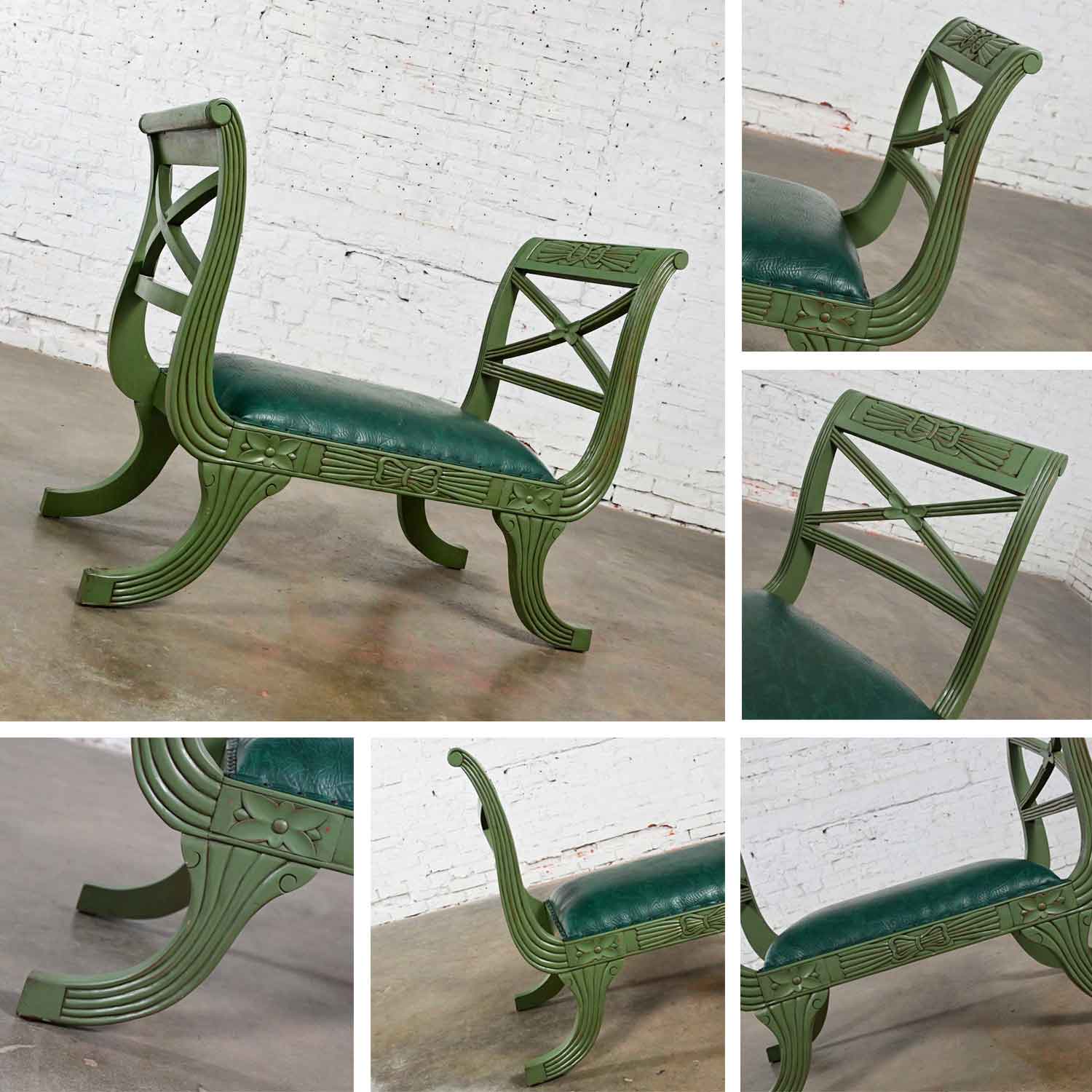 Mid-20th Century Neoclassic Style Hunter Green Faux Textured Leather Short Bench or Vanity Stool