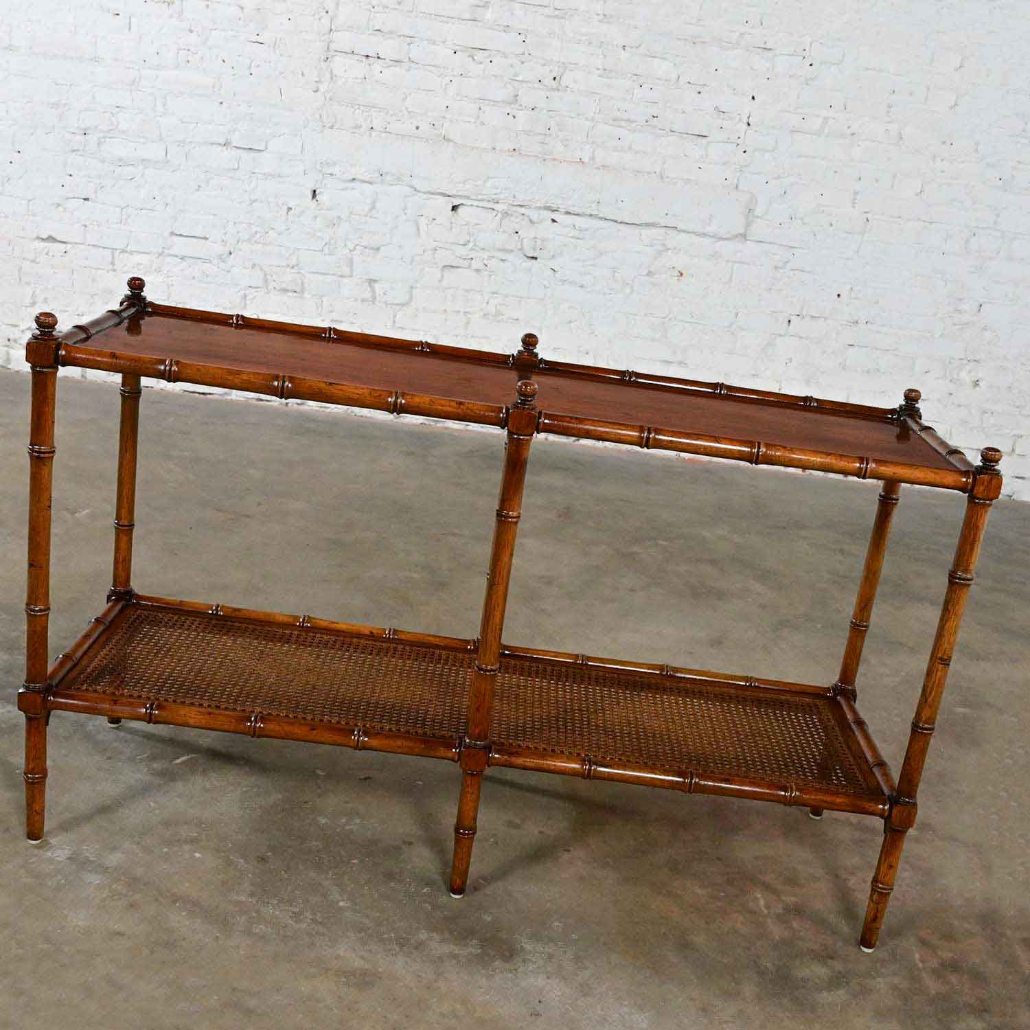 Late 20th Century Henredon Campaign Hollywood Regency Style Faux Bamboo & Cane Sofa Table