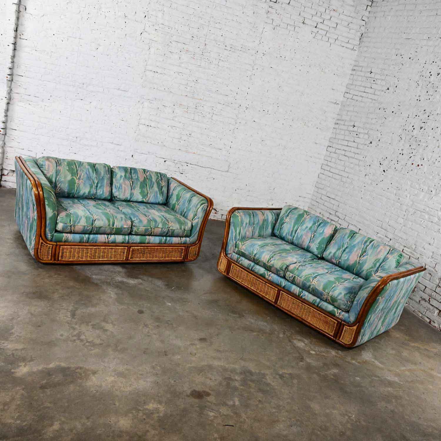 Late 20th Century Boho Chic Rattan & Wicker Tuxedo Style Upholstered Loveseat Sofas a Pair