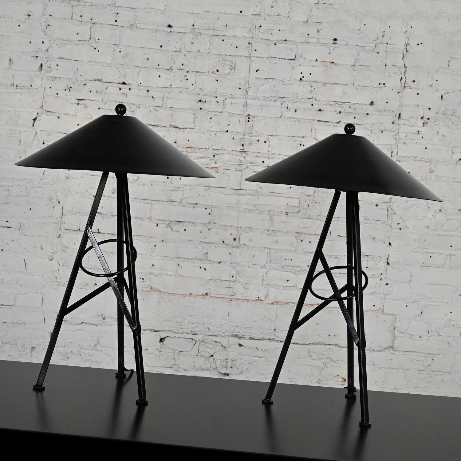 Late 20th Century Modern to Postmodern Metal Tri Leg Table Lamps with Aluminum Coolie Shades
