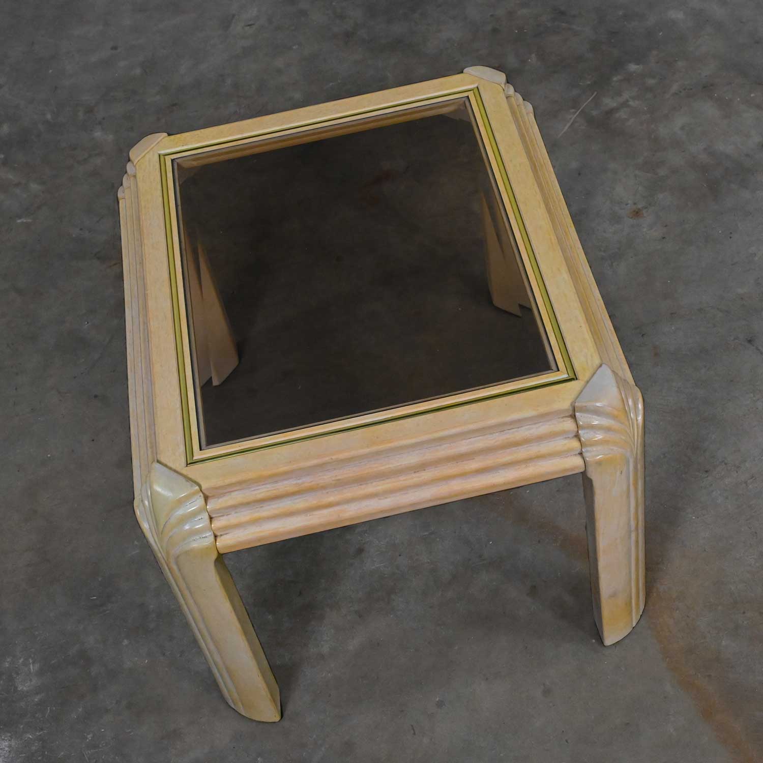 Late 20th Century Art Deco Revival Antique White Cerused Oak Finished End Table Smoked Glass Insert