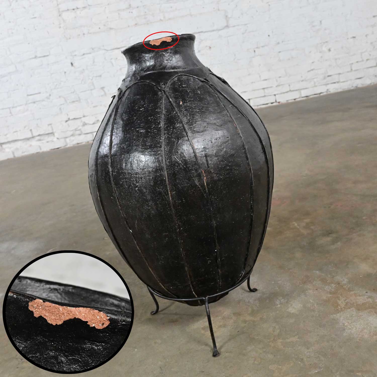 20th Century Tribal Large Scale Clay Fermenting Pot or Water Jug Black w/ Goatskin Leather Straps on Stand