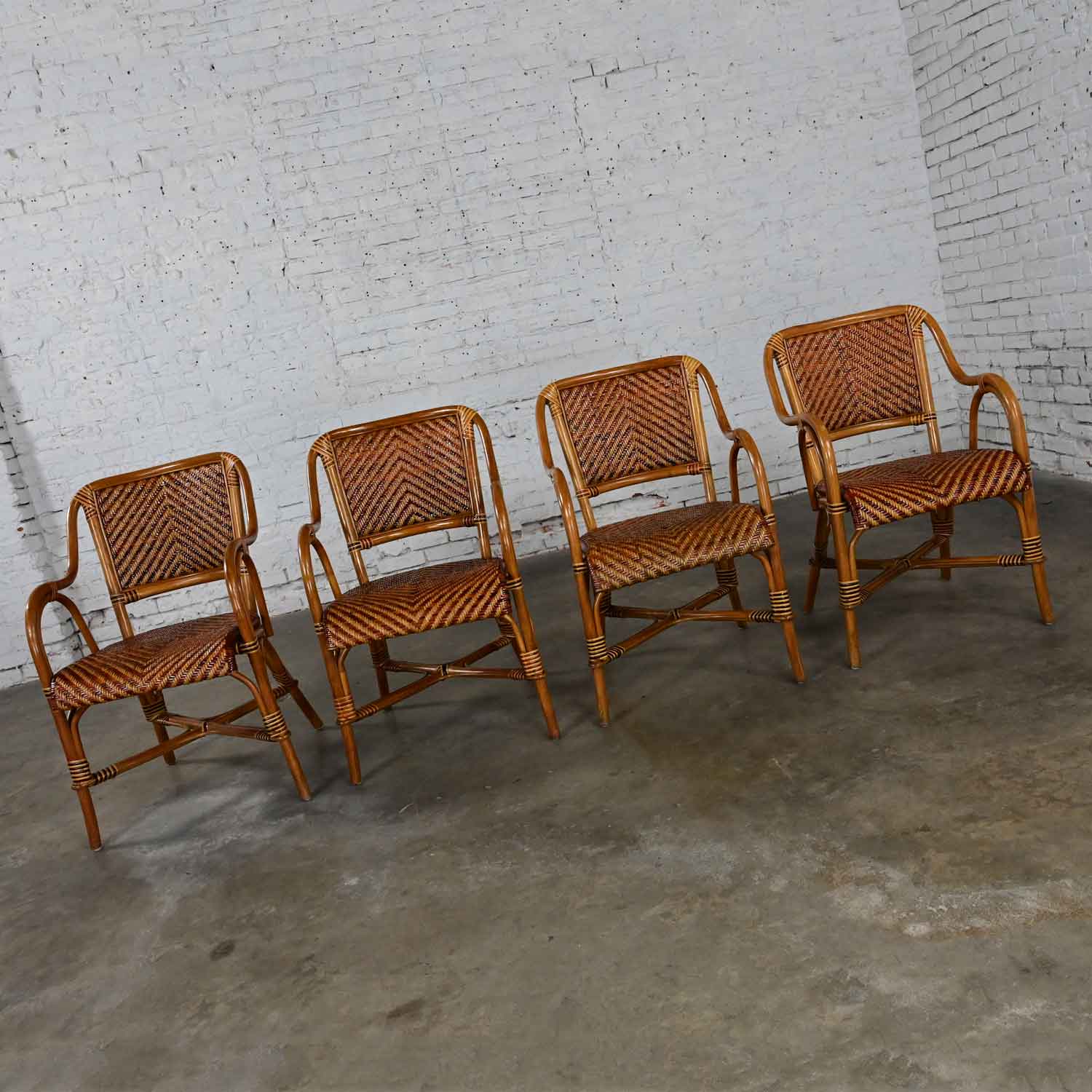 Late 20th Century Boho Chic 2 Toned Wicker Rattan Café Bistro or Conservatory Armchairs Set of 4