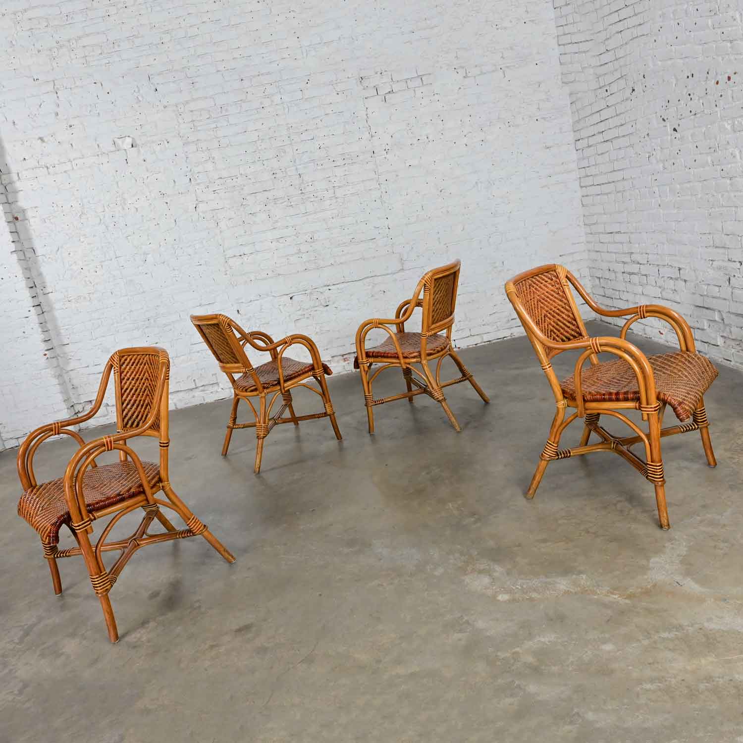 Late 20th Century Boho Chic 2 Toned Wicker Rattan Café Bistro or Conservatory Armchairs Set of 4