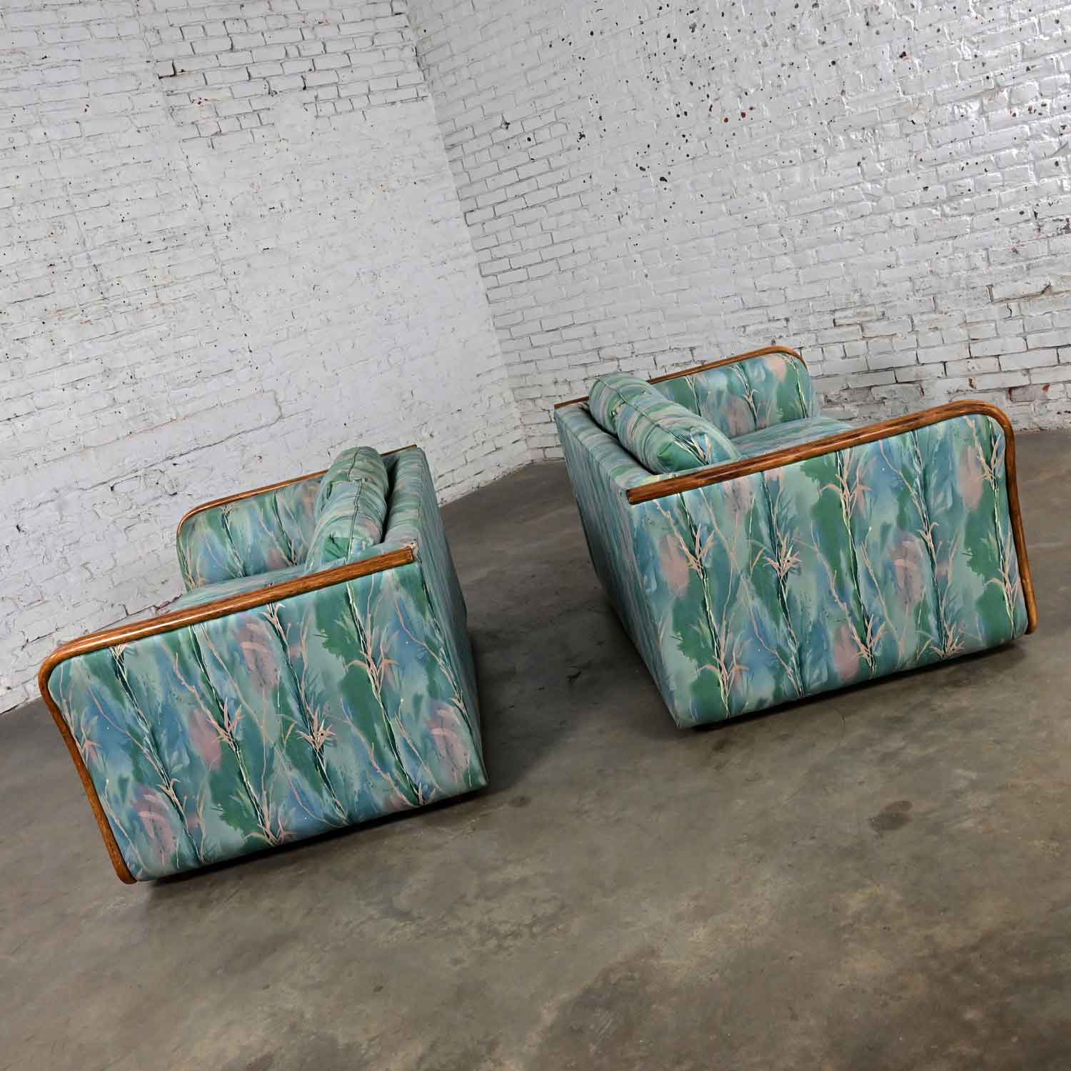 Late 20th Century Boho Chic Rattan & Wicker Tuxedo Style Upholstered Loveseat Sofas a Pair