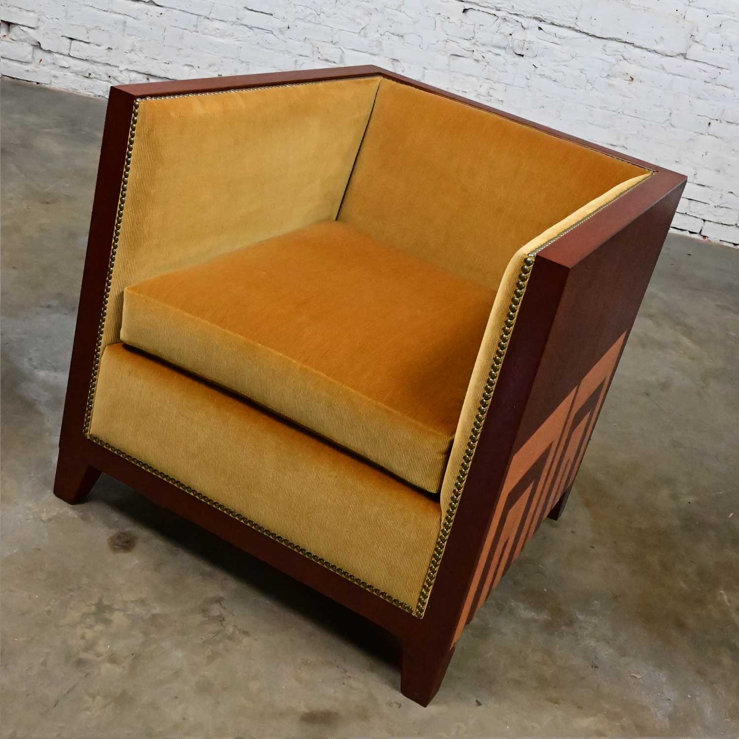 Late 20th Century Art Deco Revival Custom Designed Two Toned Mahogany Cube Club Chairs