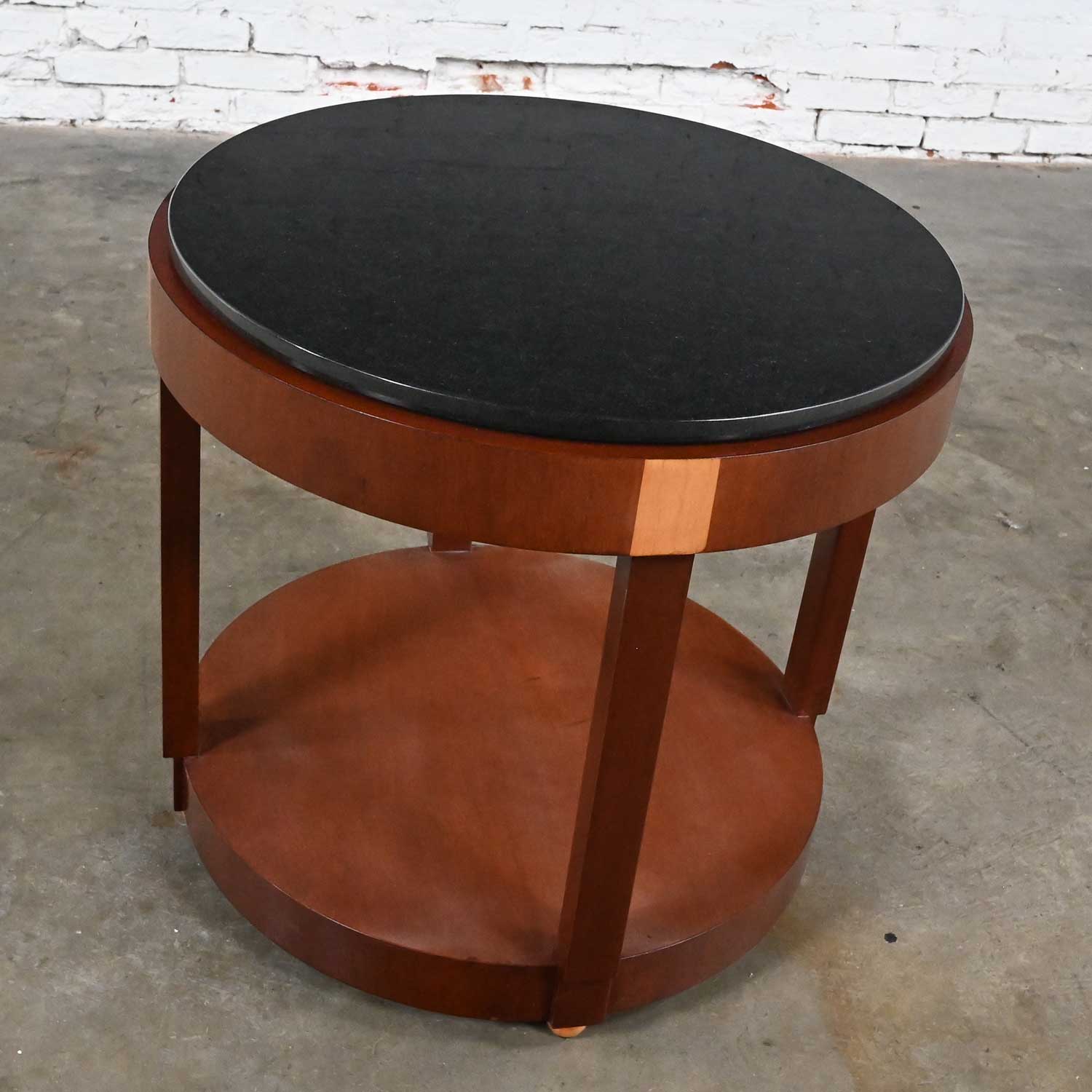 Late 20th Century Art Deco Revival Custom Designed Two Toned Mahogany Round Side Table with Black Granite Top