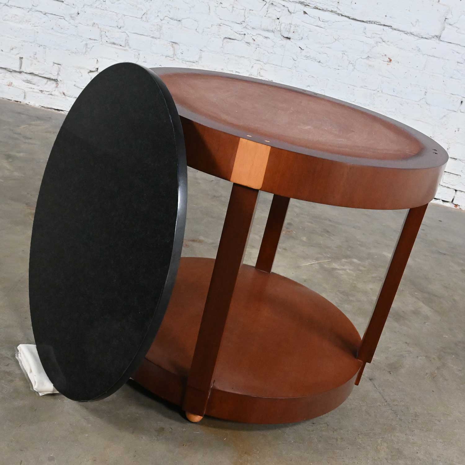 Late 20th Century Art Deco Revival Custom Designed Two Toned Mahogany Round Side Table with Black Granite Top