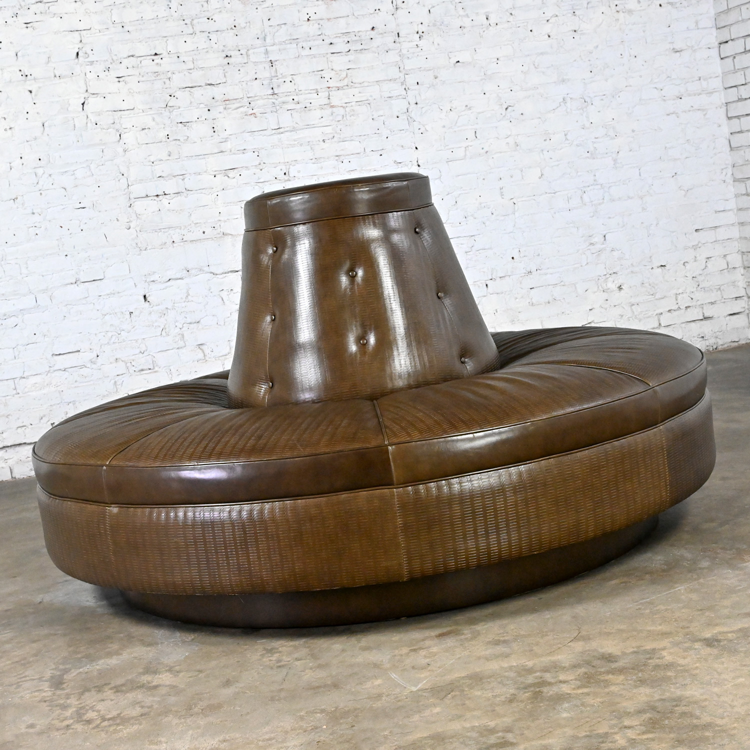 Late 20th Century Modern Circular Banquet Sofa Settee Custom Made Brown Leather
