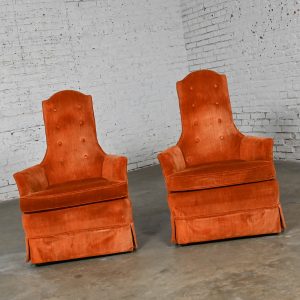 1960-1970’s Hollywood Regency Lounge or Club High Back Chairs by Perfection Furniture with Orange Velvet Fabric a Pair