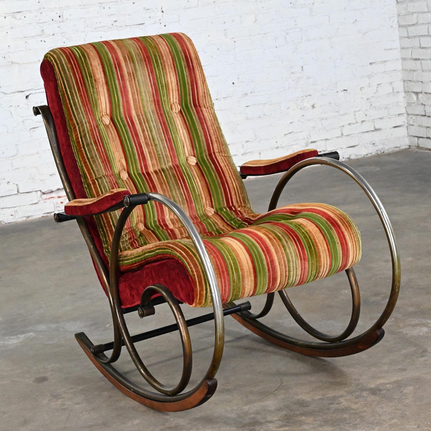 1960-1970’s Neoclassic Rocking Chair by Lee Woodard Metal Frame & Striped Velvet Chenille