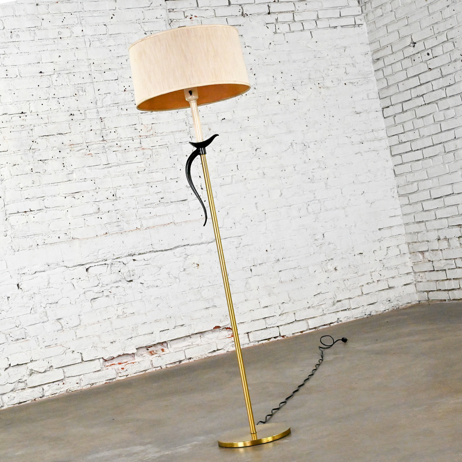 1950-1960’s MCM Floor Lamp Brass Plated and Black Pheasant Tail Accent with Silk Drum Shade
