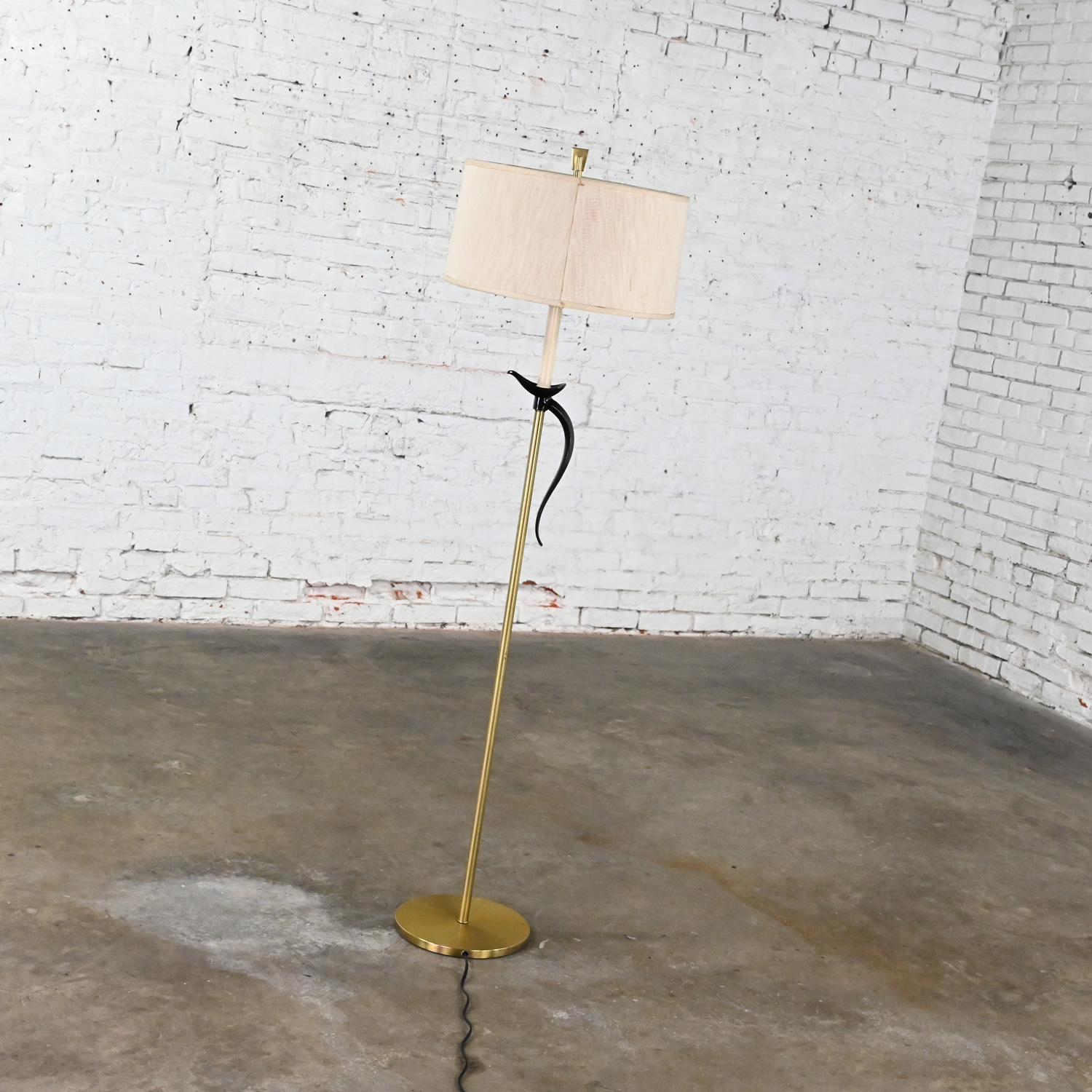 1950-1960’s MCM Floor Lamp Brass Plated and Black Pheasant Tail Accent with Silk Drum Shade