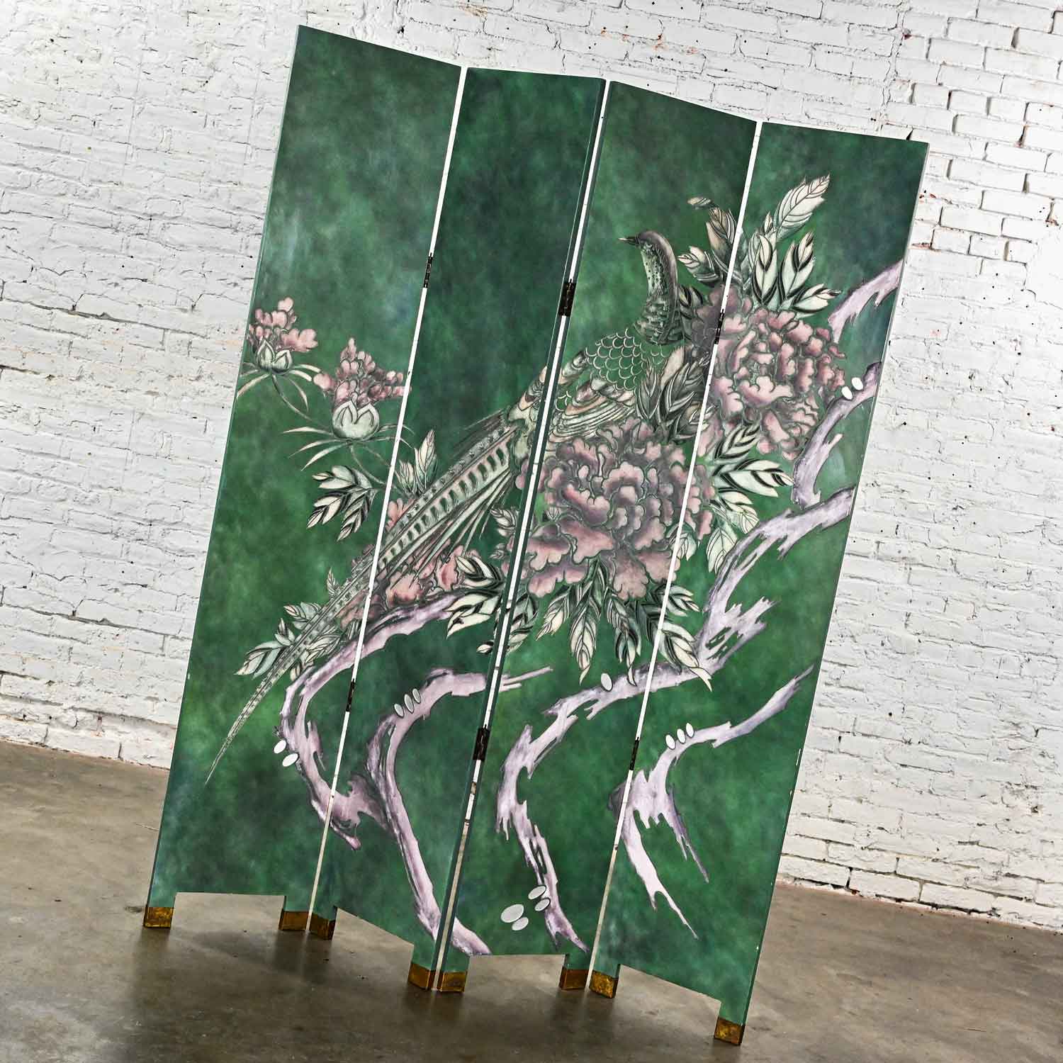Late 20th Century Folding Screen Modern Asian Chinoiserie Extra Tall Green Four Panel Hand Carved & Painted