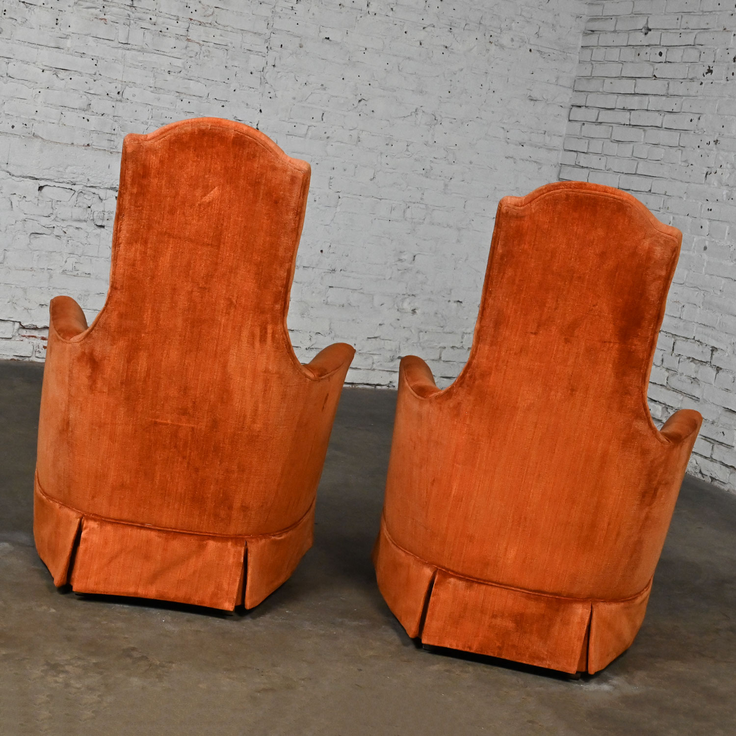 1960-1970’s Hollywood Regency Lounge or Club High Back Chairs by Perfection Furniture with Orange Velvet Fabric a Pair