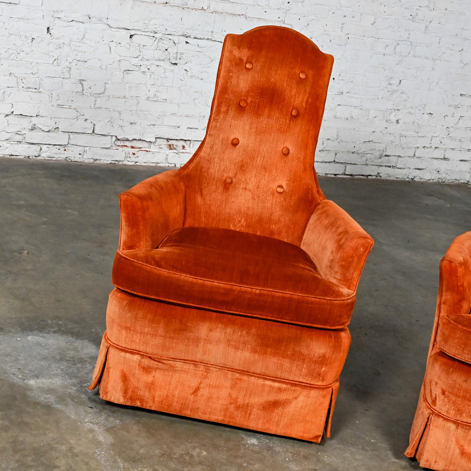 1960-1970’s Hollywood Regency Lounge or Club High Back Chairs by Perfection Furniture with Orange Velvet Fabric a Pair