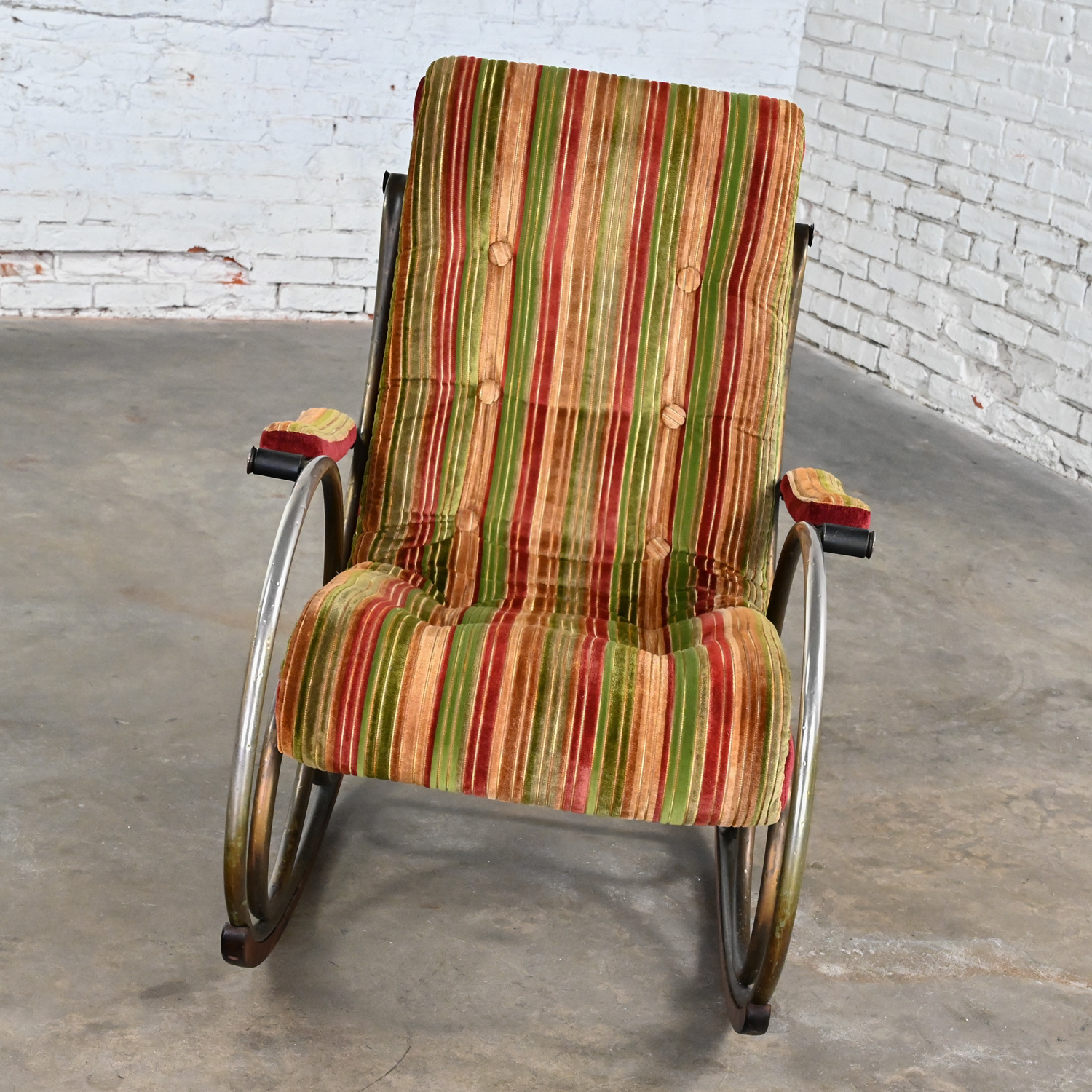 1960-1970’s Neoclassic Rocking Chair by Lee Woodard Metal Frame & Striped Velvet Chenille