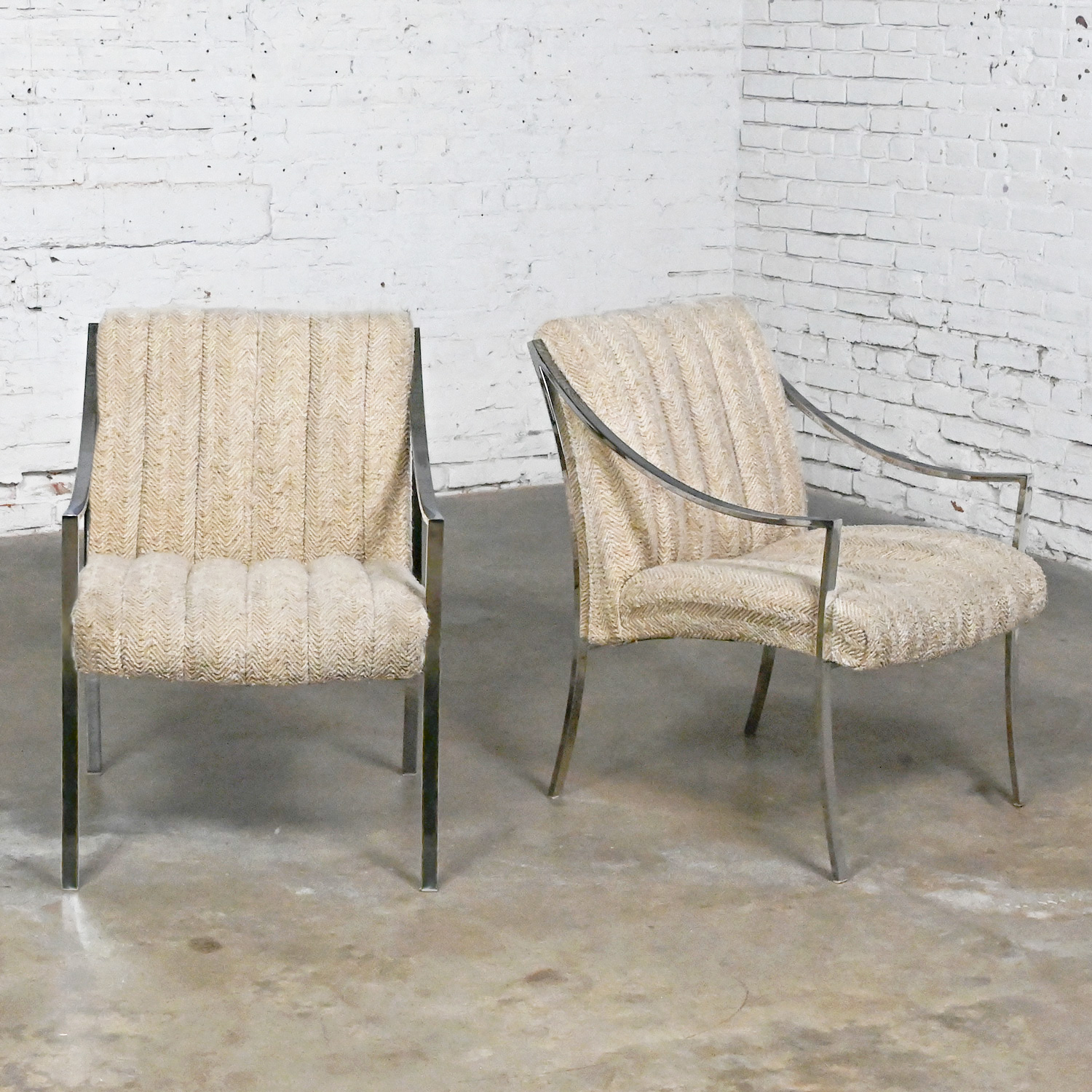 1970’s MCM to Modern Accent Chairs by Carsons Inc with Chrome Frames & Oatmeal Herringbone Fabric a Pair