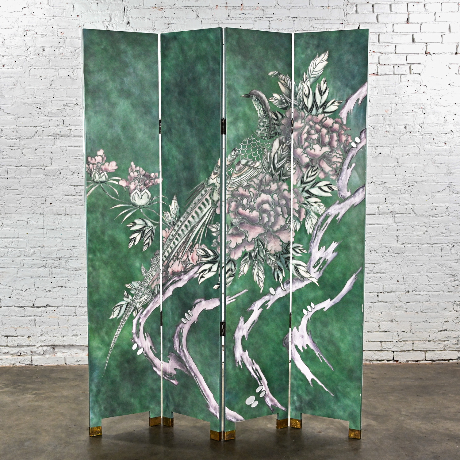 Late 20th Century Folding Screen Modern Asian Chinoiserie Extra Tall Green Four Panel Hand Carved & Painted