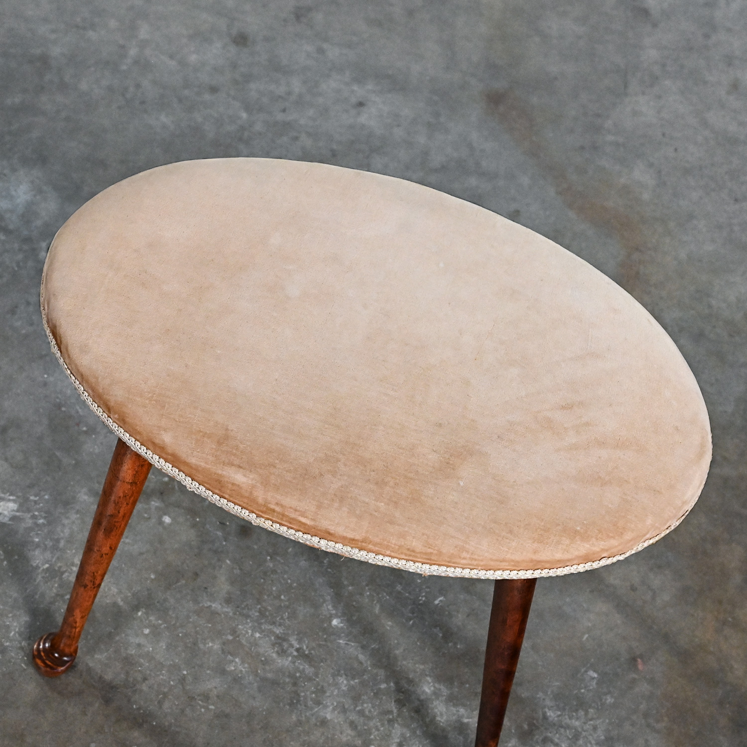 Early 20th Century Colonial Style Low Stool by Conant Ball Oval Seat Tan Velvet Upholstery Maple Legs