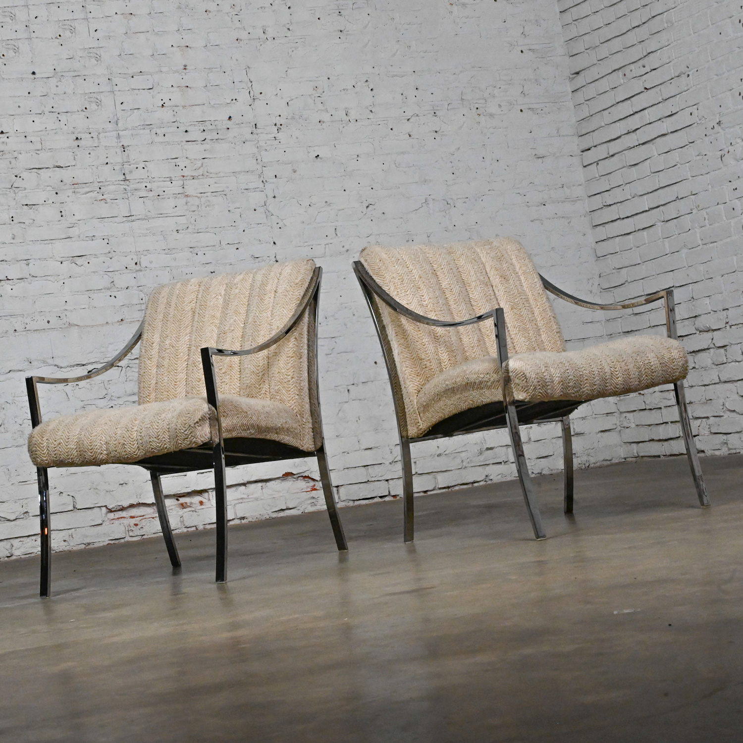 1970’s MCM to Modern Accent Chairs by Carsons Inc with Chrome Frames & Oatmeal Herringbone Fabric a Pair