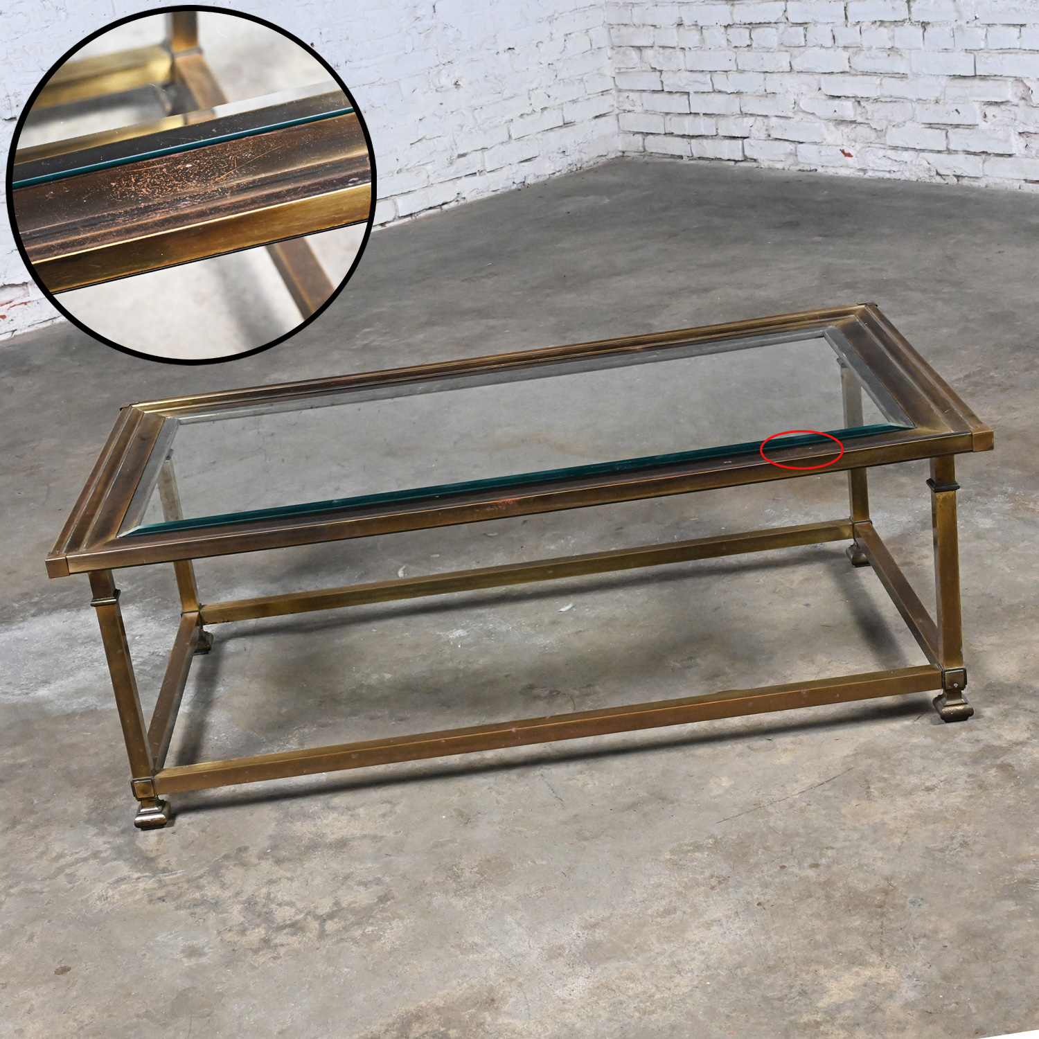 Late 20th Century Coffee Table Style Mastercraft Rectangular Antiqued Brass Frame Beveled Glass Top