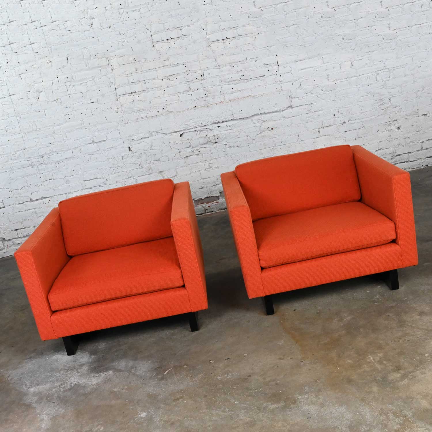 1970’s MCM to Modern Harvey Probber Club Chairs Orange 1571 Tuxedo with Black Painted Sleigh Bases a Pair