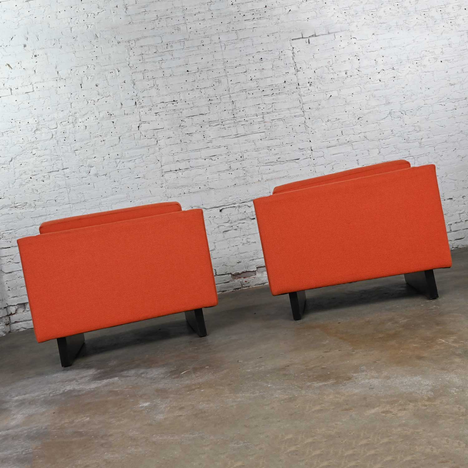 1970’s MCM to Modern Harvey Probber Club Chairs Orange 1571 Tuxedo with Black Painted Sleigh Bases a Pair